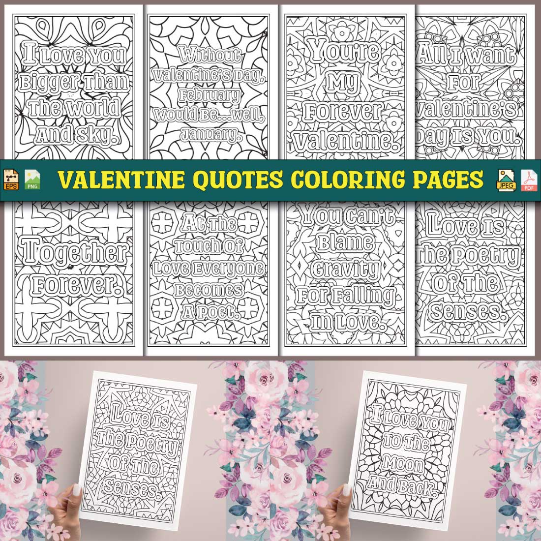 Valentine Quotes Coloring Pages for Adults KDP cover image.