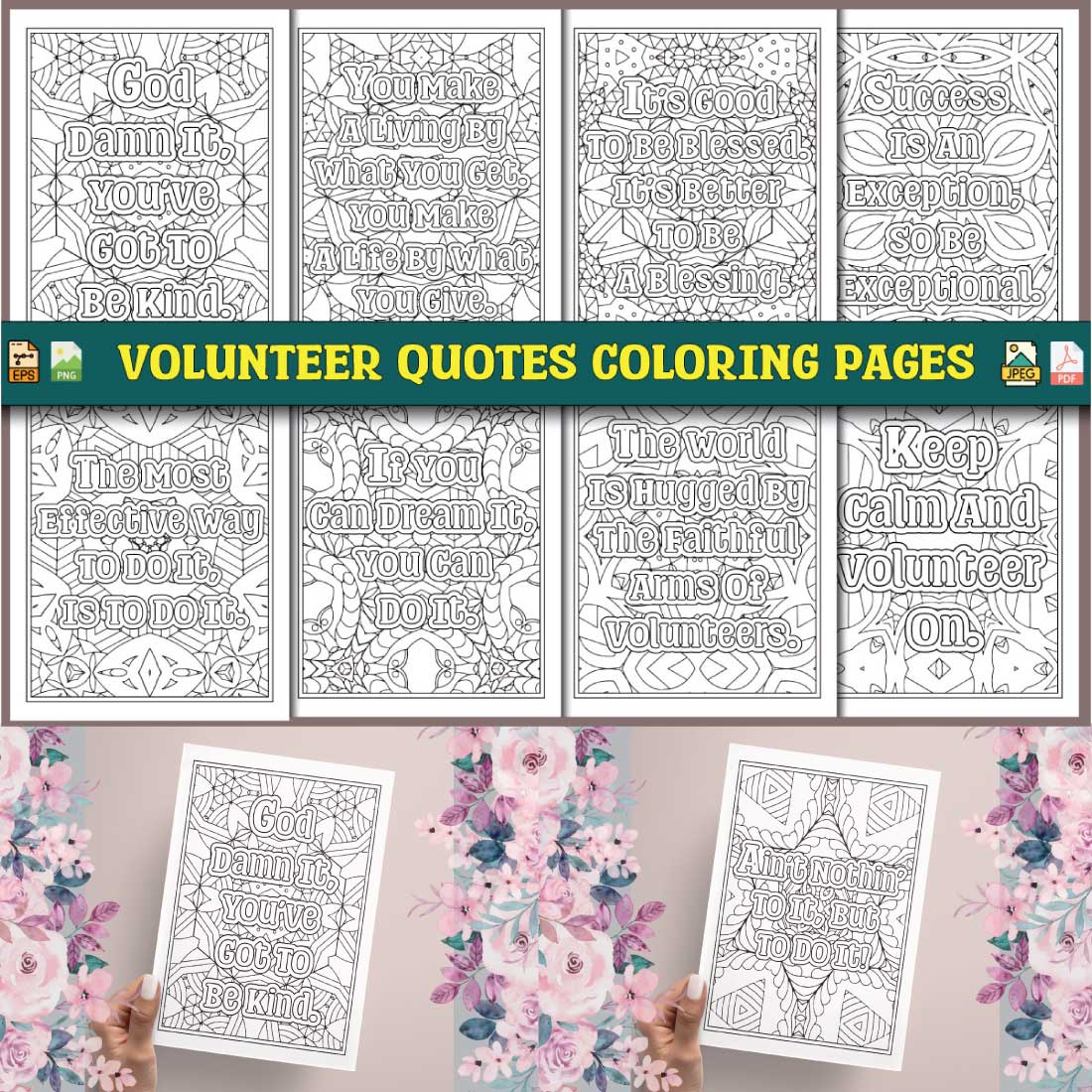 Volunteer Quotes Coloring Pages for Adults KDP cover image.