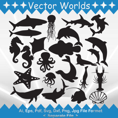 Set of sea animals silhouettes.