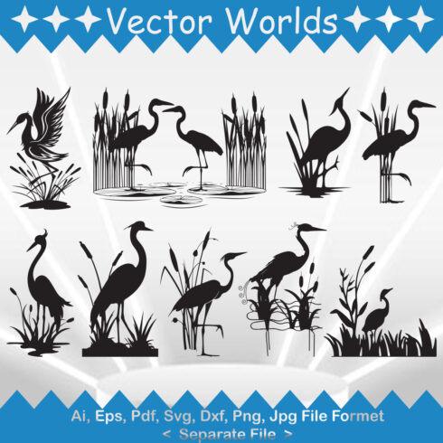 Set of silhouettes of birds and plants.