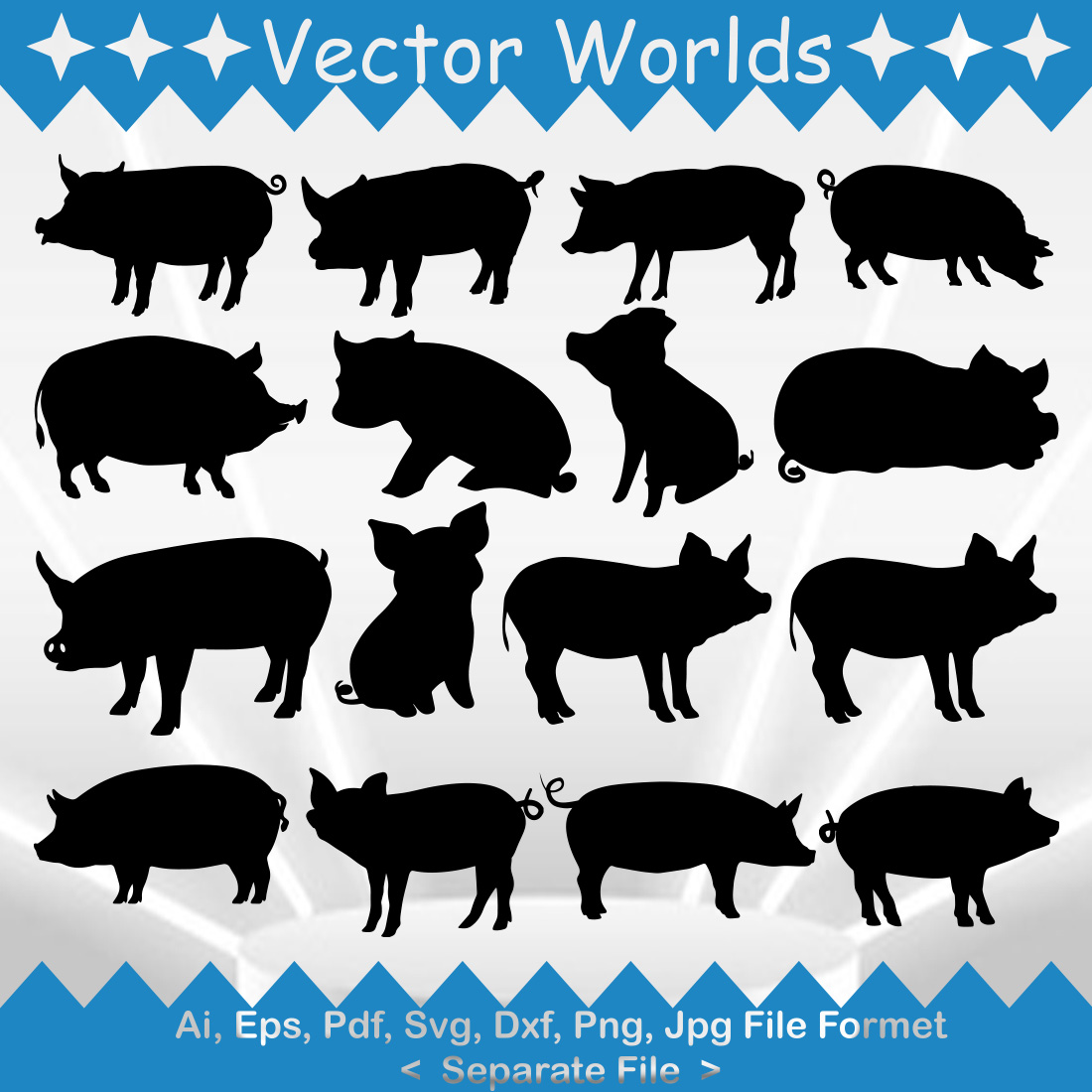 Set of pig silhouettes on a blue and white background.