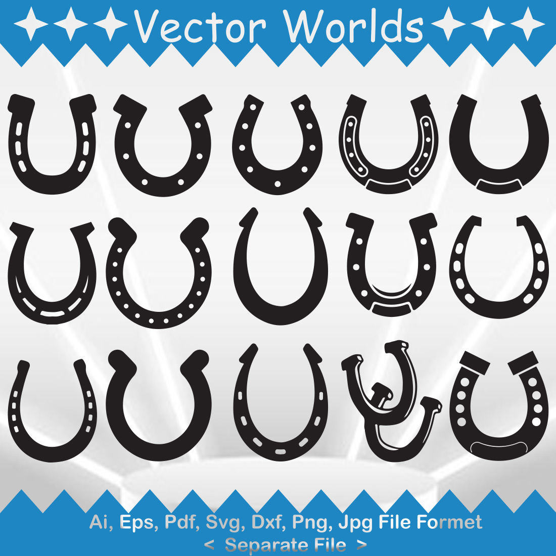 Set of black and white horseshoes and stars.