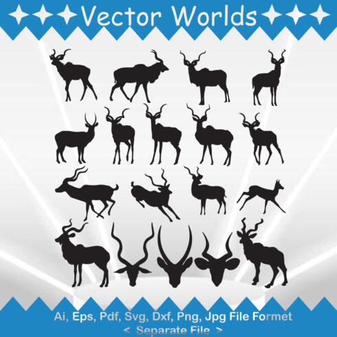 Set of deer silhouettes on a blue and white background.