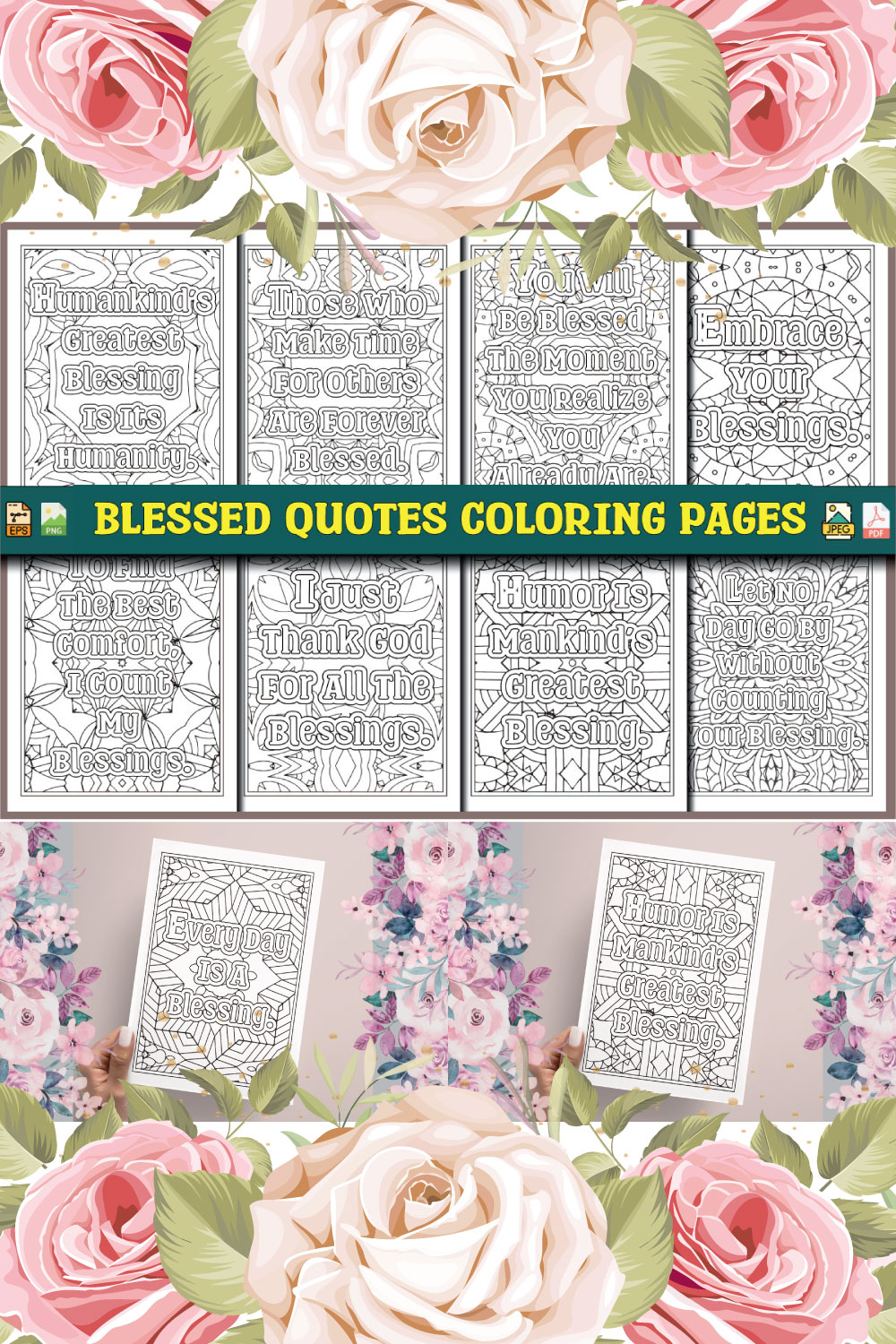 Blessed Quotes Coloring Pages for Adults KDP pinterest preview image.