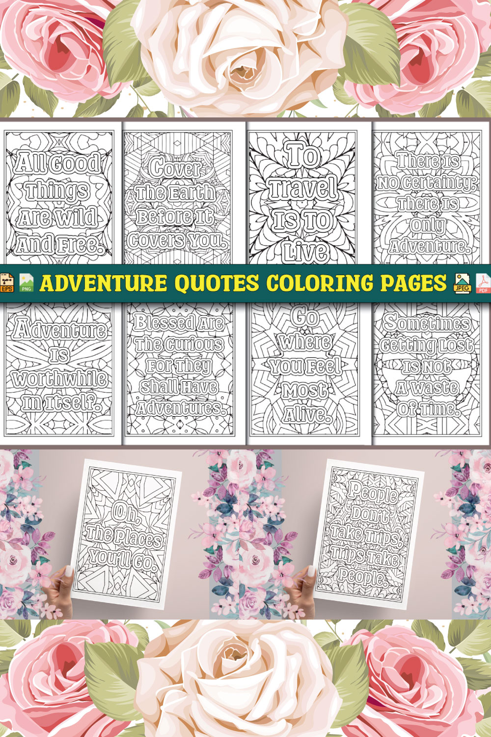 Adventure Quotes Coloring Pages for Adults KDP pinterest preview image.