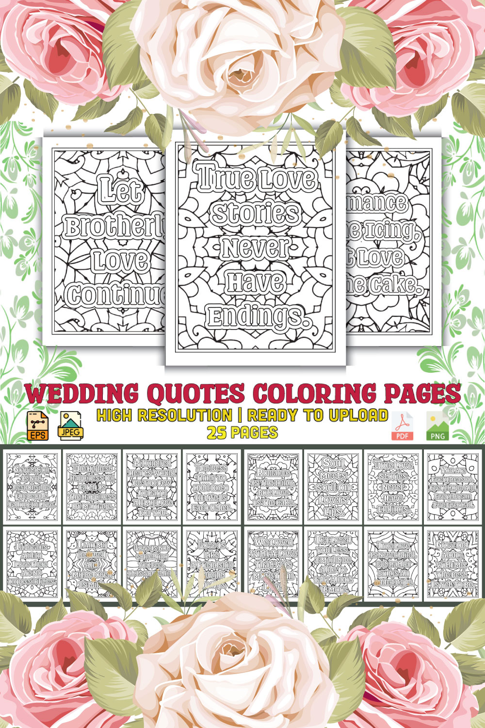 Wedding Quotes Coloring Pages for Adults KDP pinterest preview image.