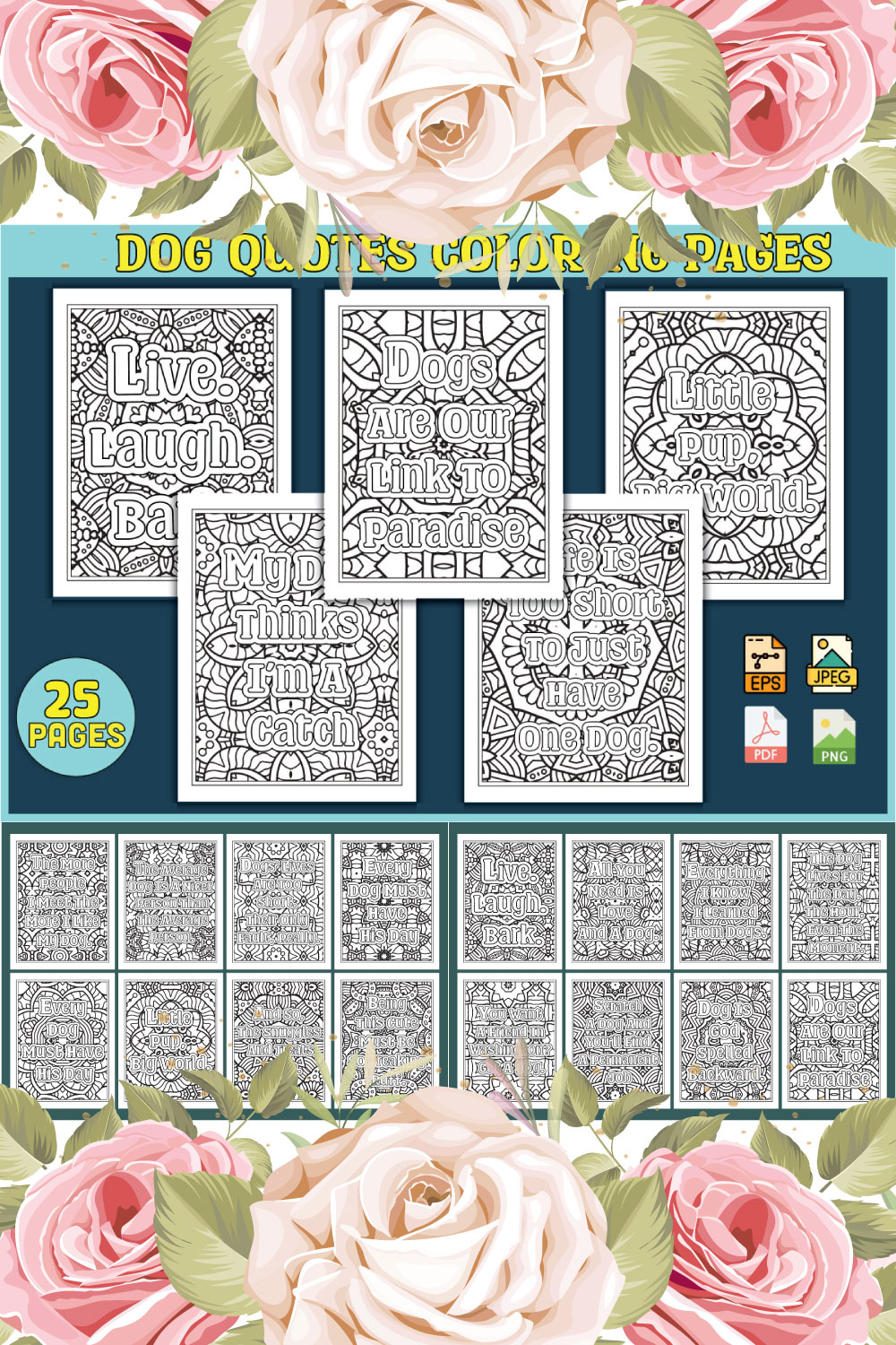 Dog Quotes Coloring Pages for Adults KDP pinterest preview image.