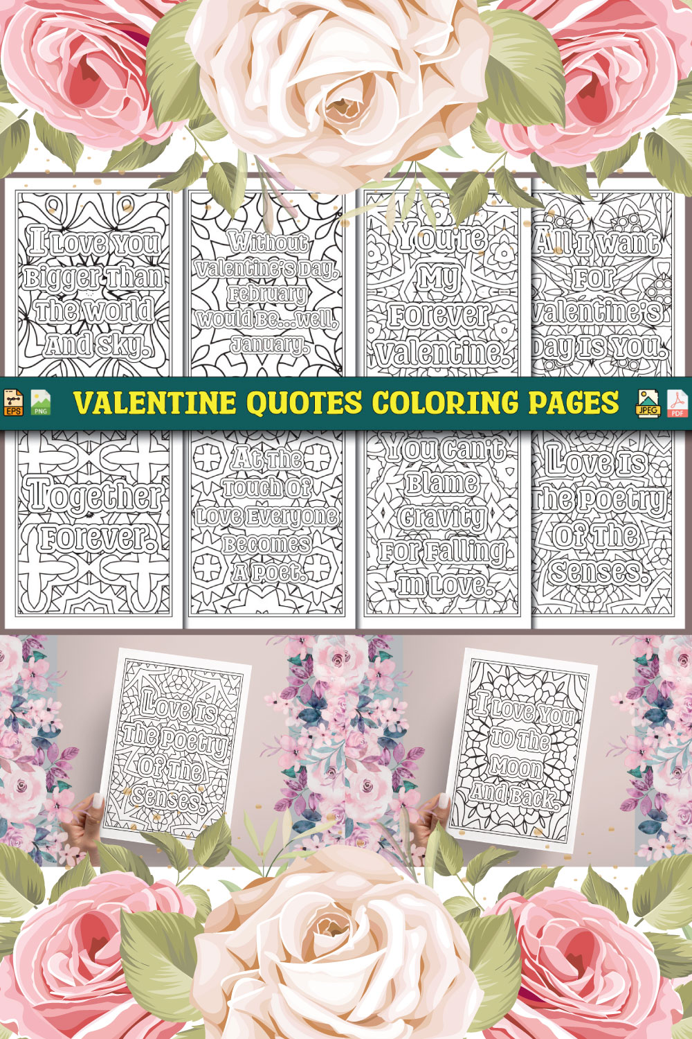 Valentine Quotes Coloring Pages for Adults KDP pinterest preview image.