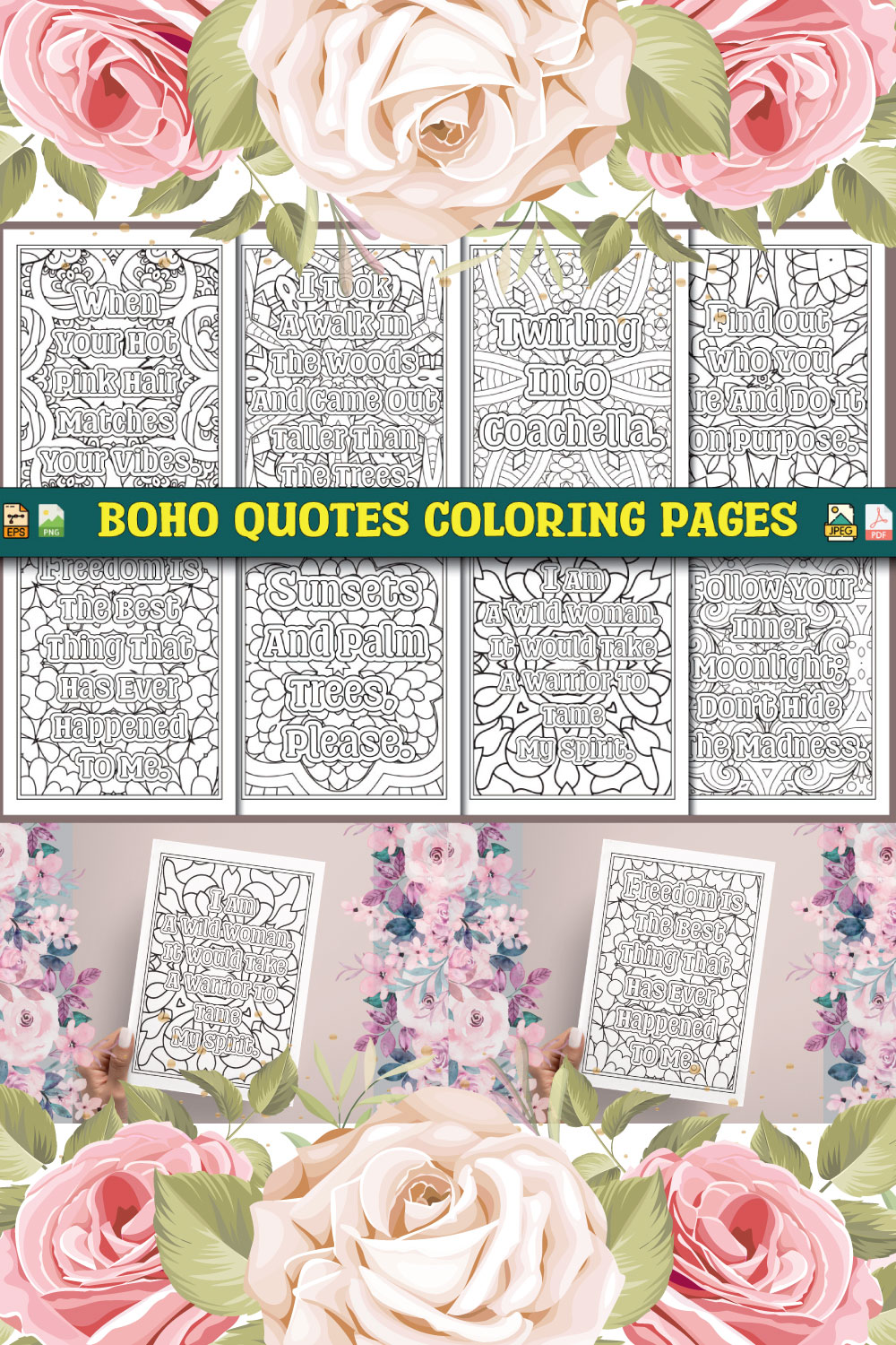 Boho Quotes Coloring Pages pinterest preview image.