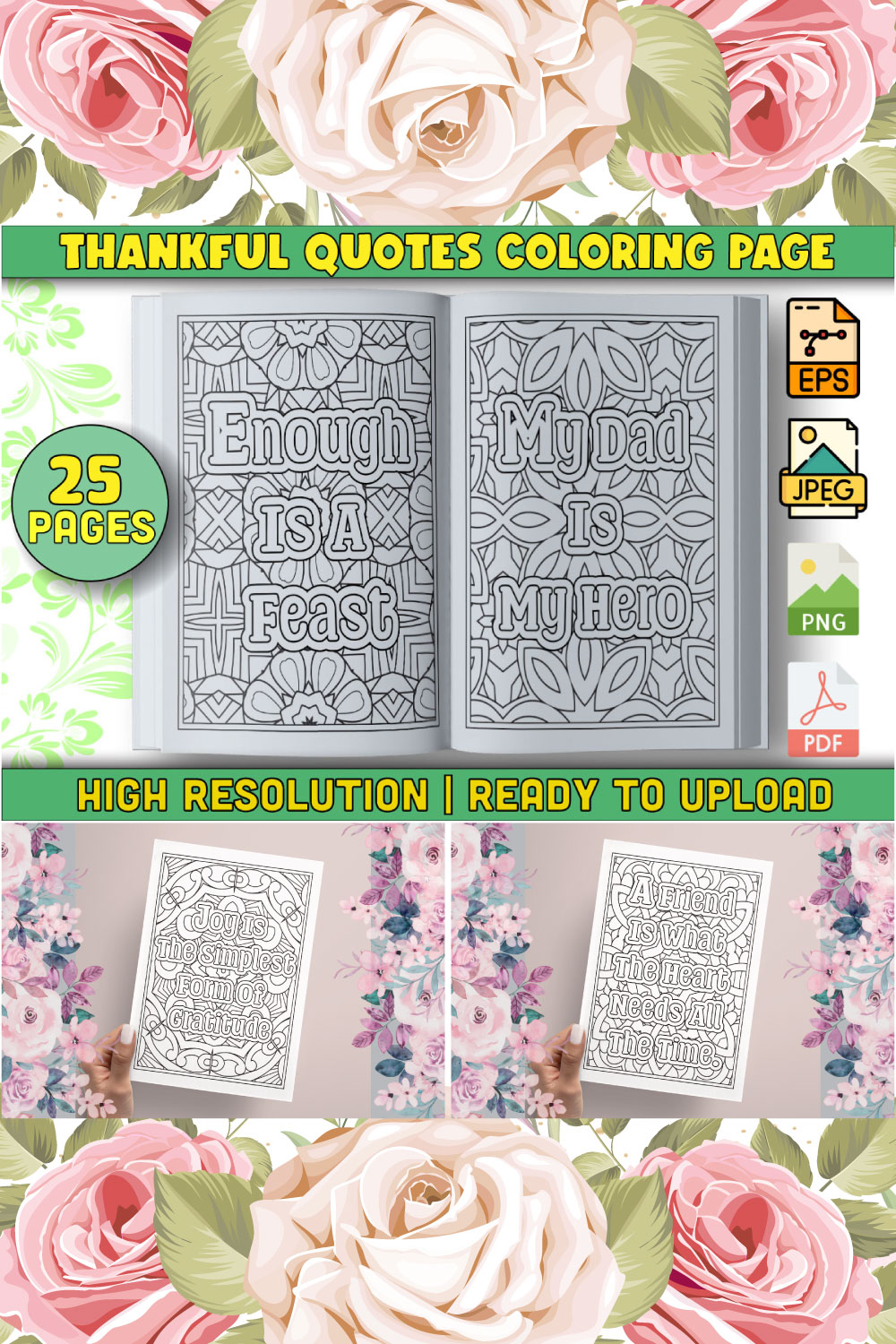 Thankful Quotes Coloring Pages for Adults KDP pinterest preview image.