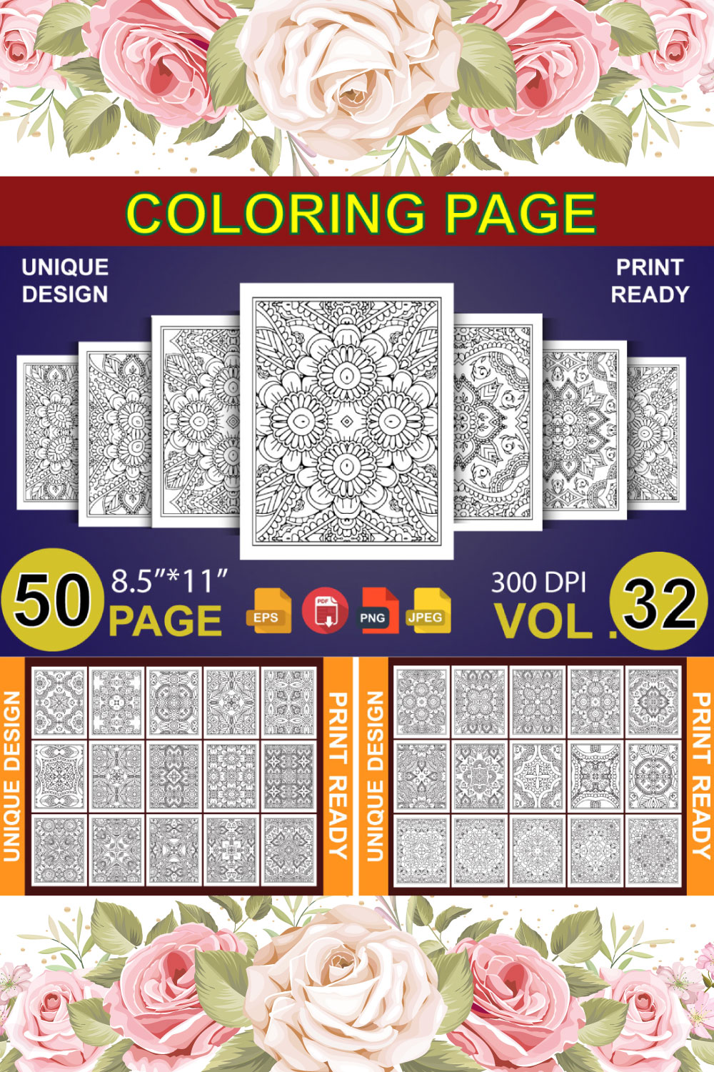 50 Adult Coloring Book Page KDP Design pinterest preview image.