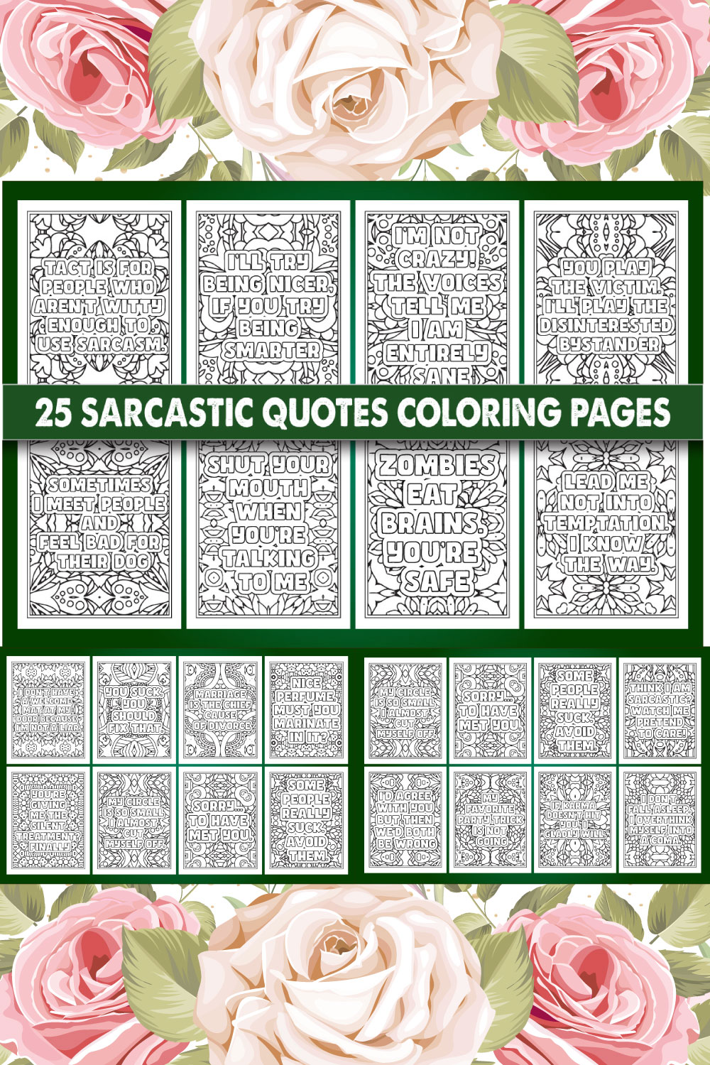 Sarcastic Quotes Coloring Page for Adults KDP pinterest preview image.