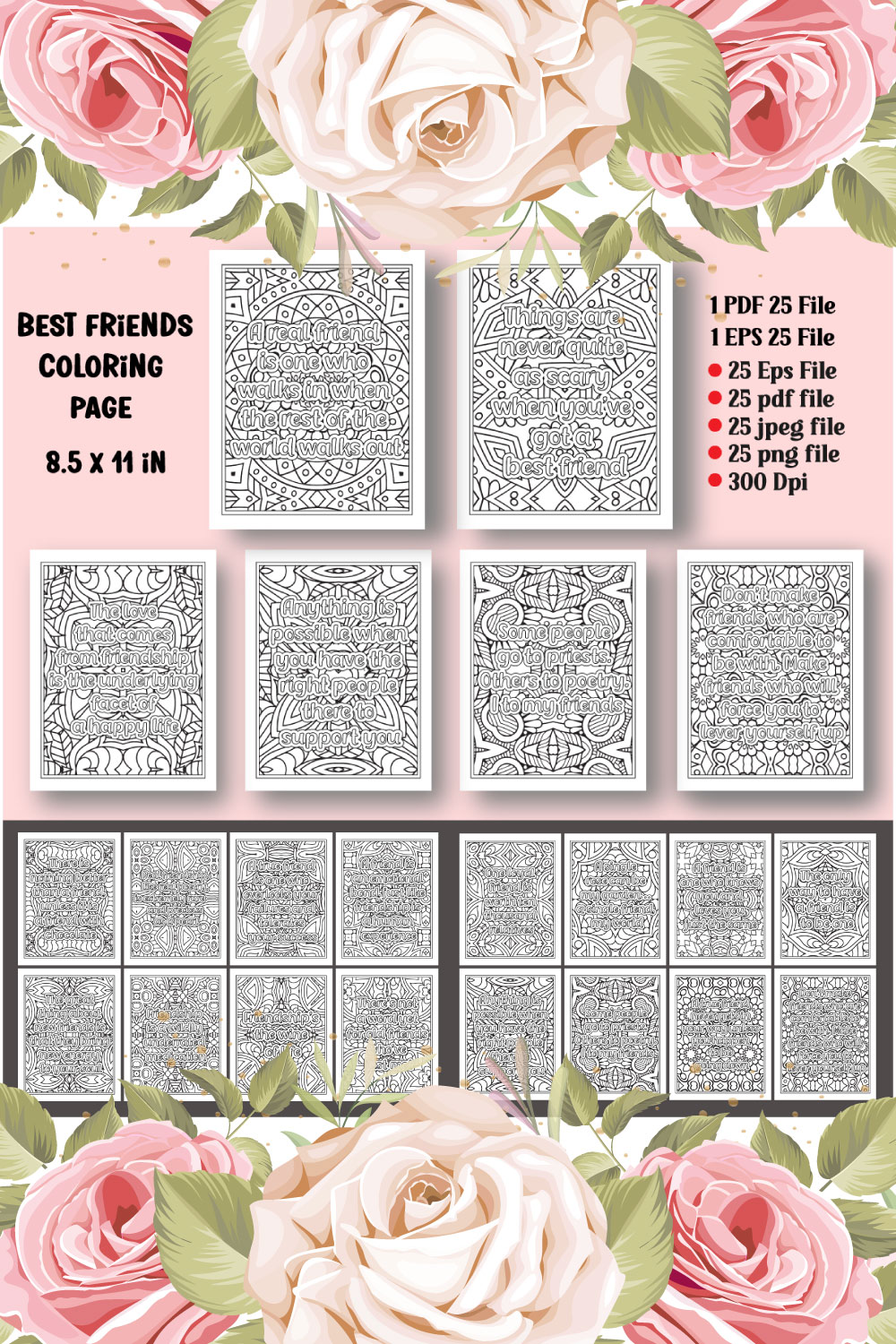 Best Friends Quotes Coloring Page for Adults KDP pinterest preview image.