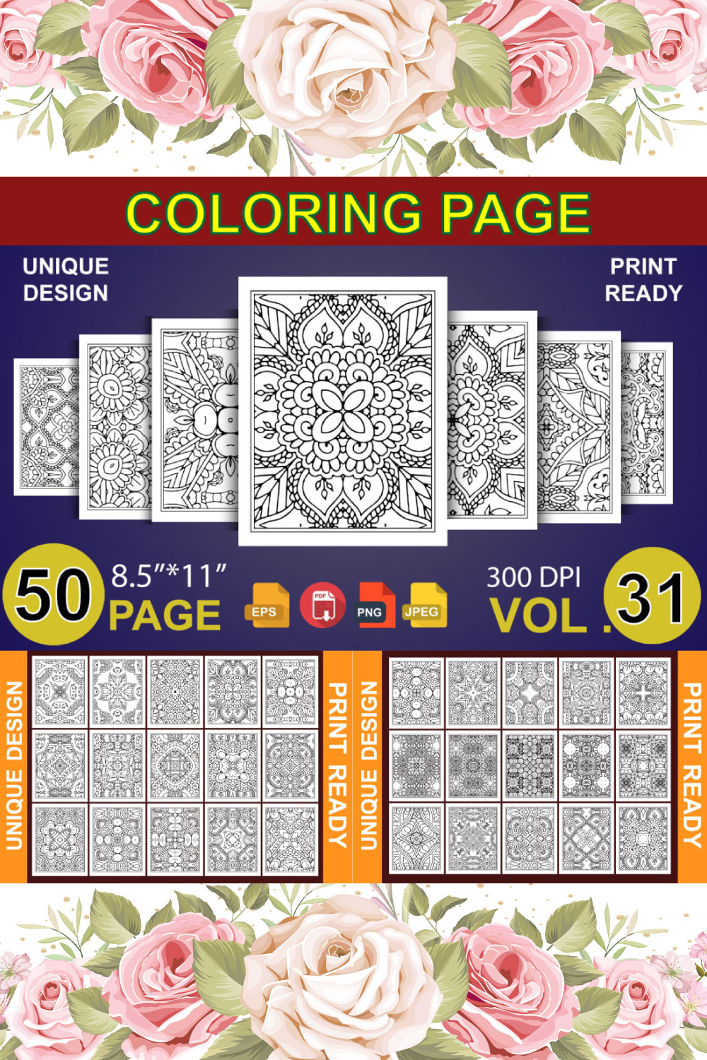 50 Adult Coloring Book Page KDP Design pinterest preview image.