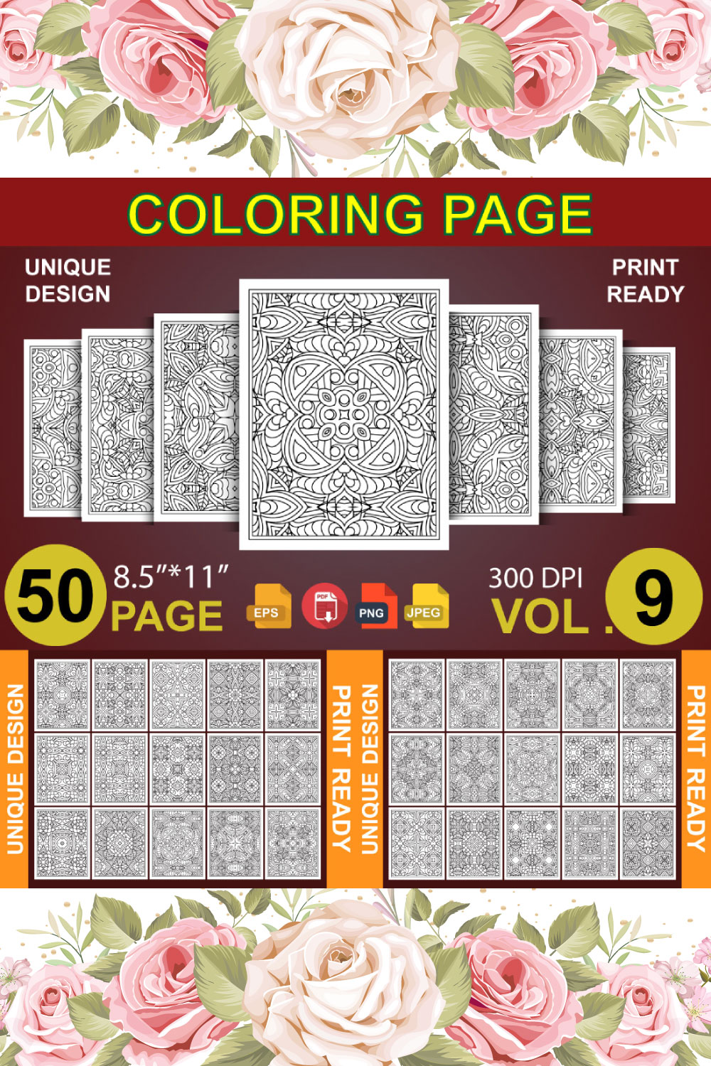 50 Adult Coloring Book Page KDP Design pinterest preview image.