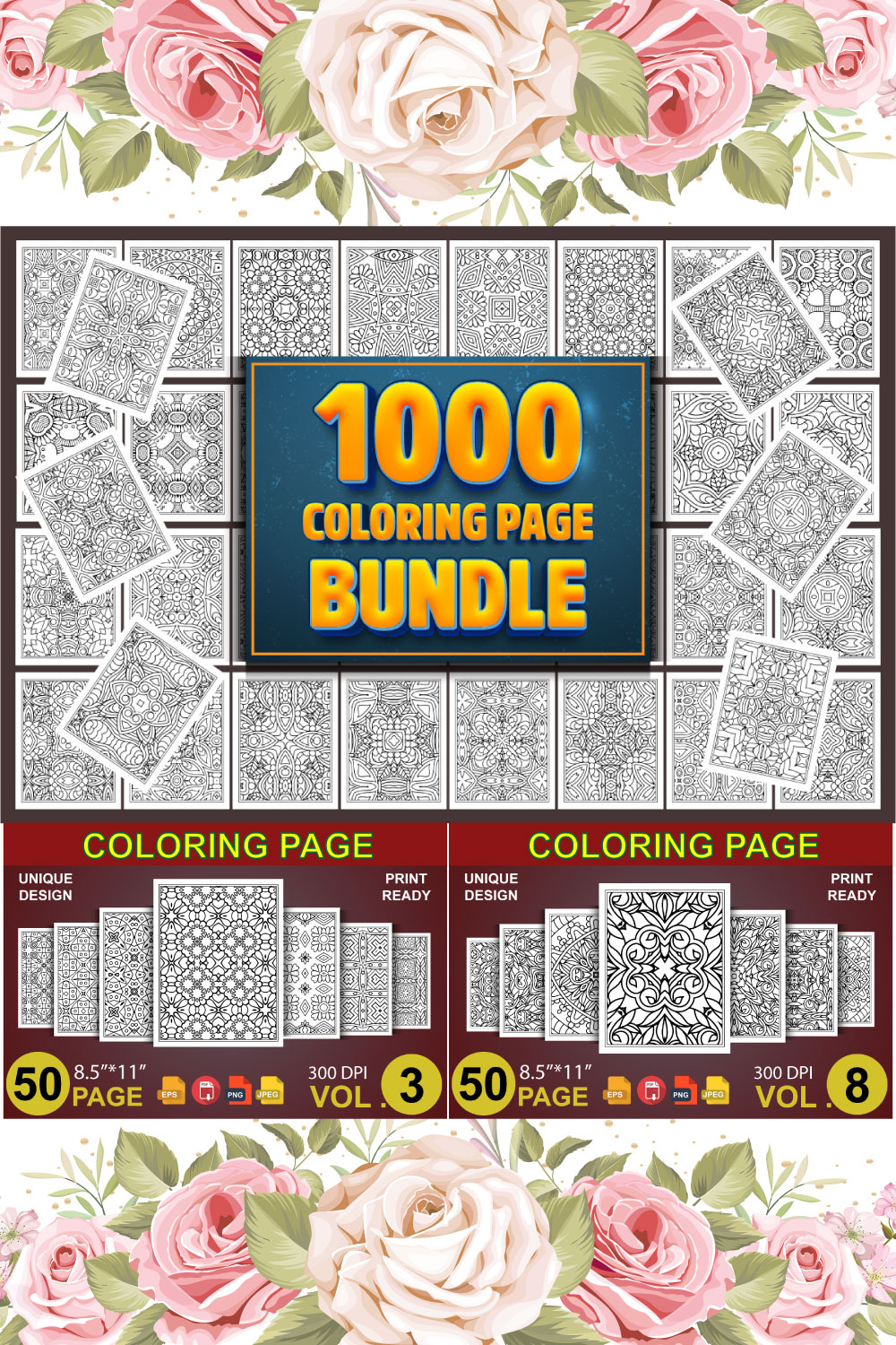 1000 Mandala Coloring Page for Adults KDP Coloring Book pinterest preview image.