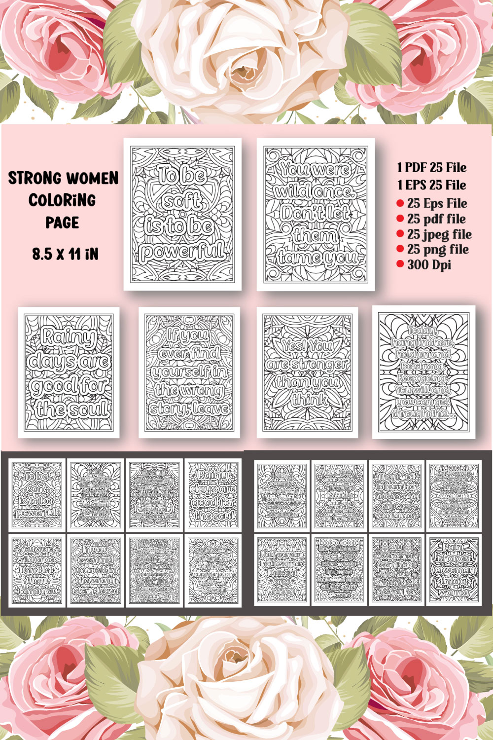 Strong Women Quotes Coloring Page for Adults KDP pinterest preview image.