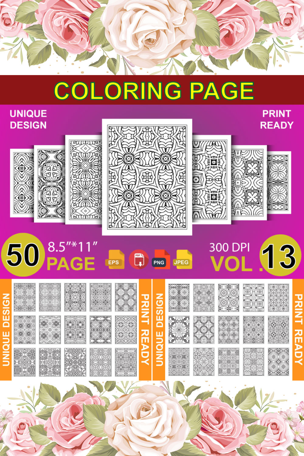 50 Adult Coloring Book Page KDP Design pinterest preview image.