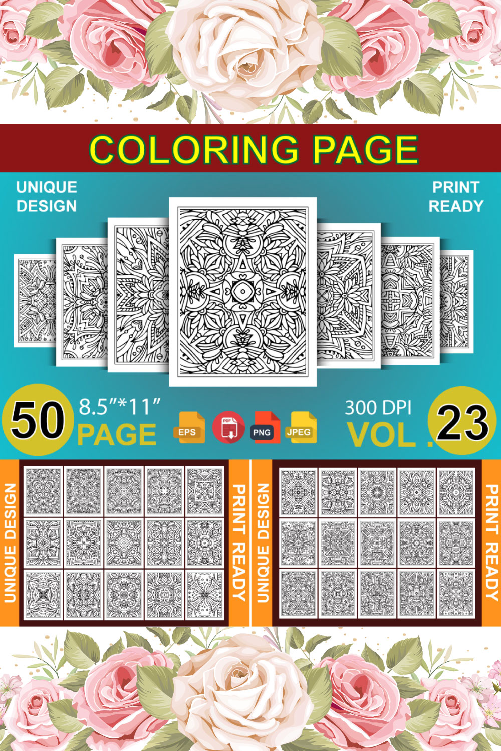 50 Adult Coloring Book Page KDP Design pinterest preview image.