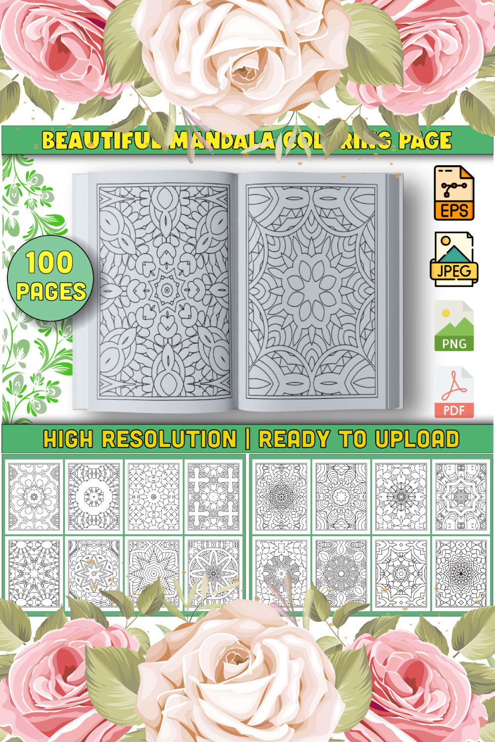 100 Coloring Page Bundle for KDP Interior pinterest preview image.