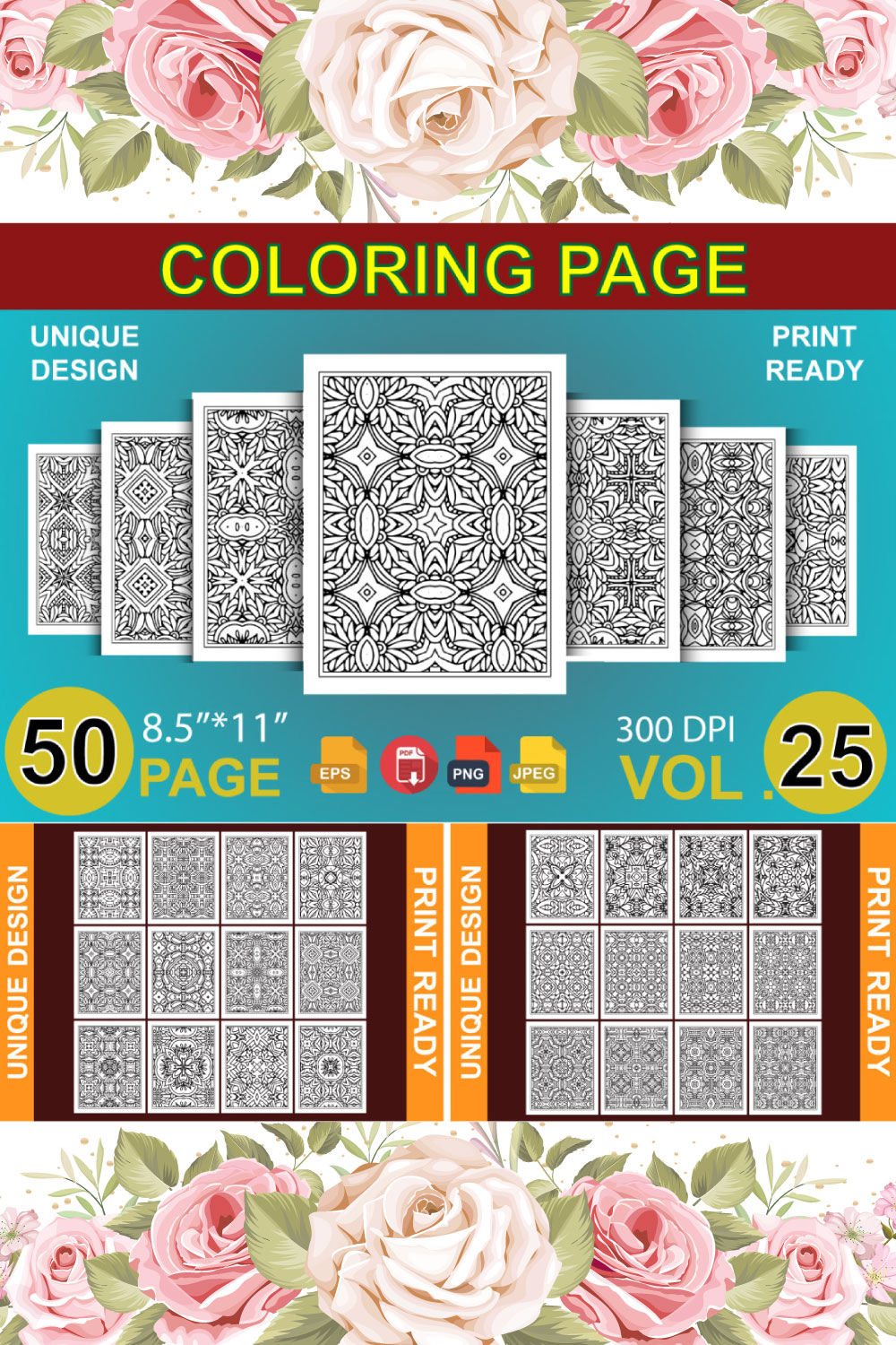 50 Adult Coloring Book Page KDP Design pinterest preview image.