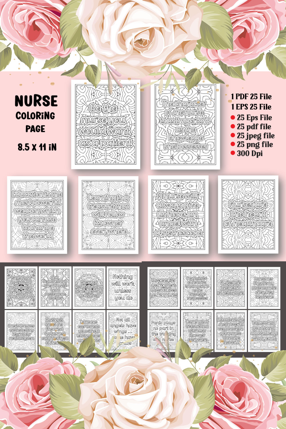 Nurse Quotes Coloring Page for Adults KDP pinterest preview image.