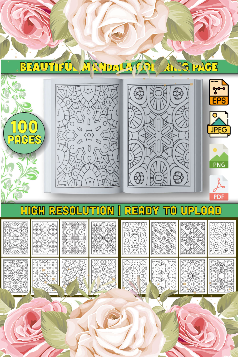 100 Coloring Page Bundle for KDP Interior pinterest preview image.