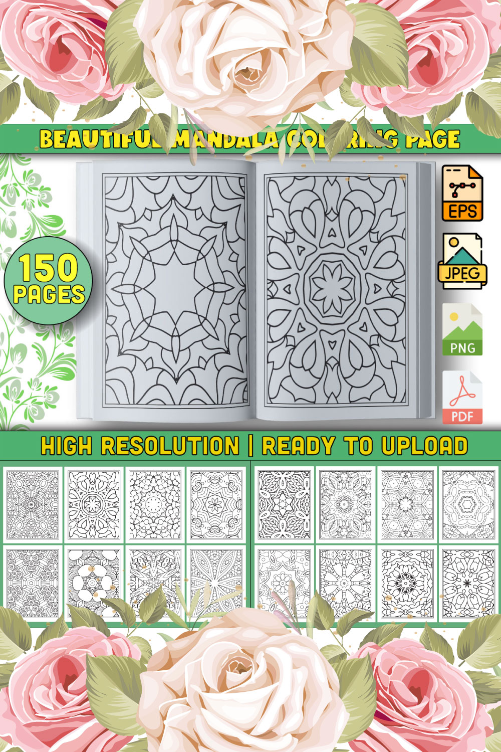 150 Coloring Page Bundle for KDP Interior pinterest preview image.