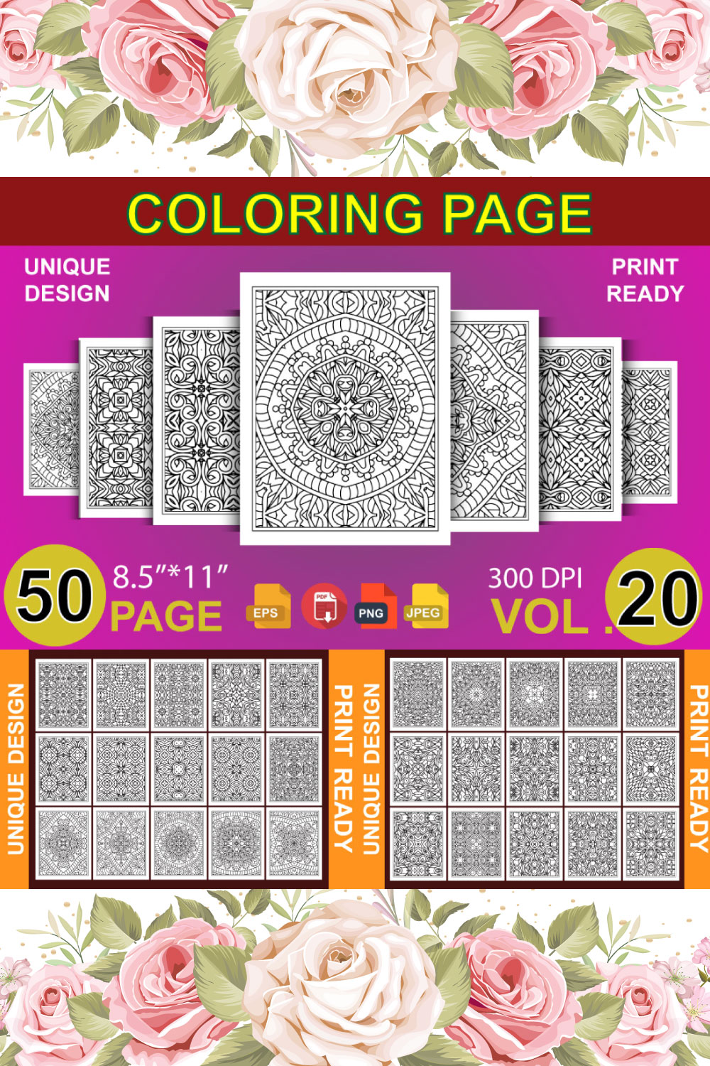 50 Adult Coloring Book Page KDP Design pinterest preview image.