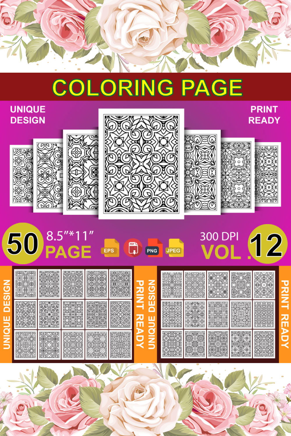 50 Adult Coloring Book Page KDP Design pinterest preview image.