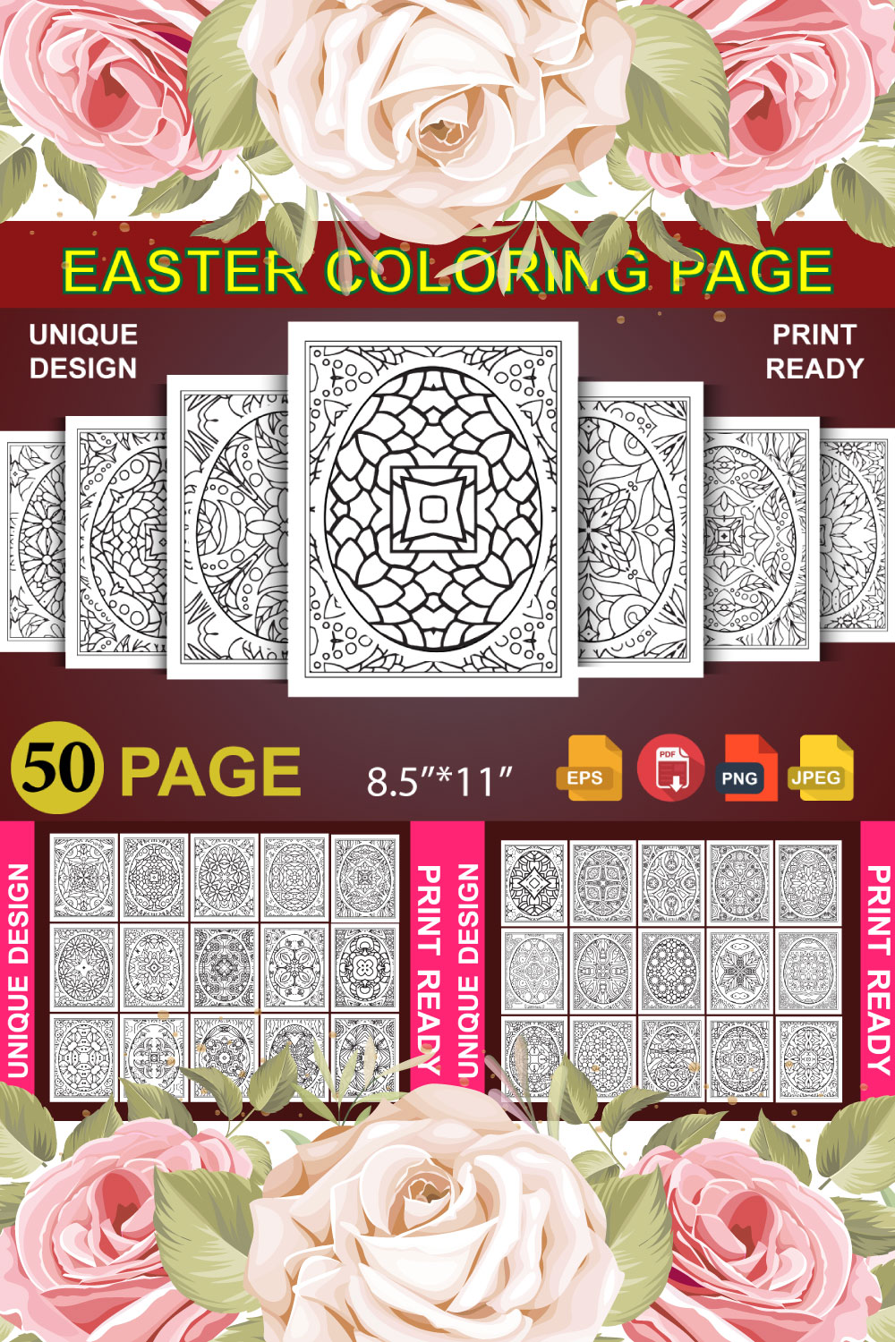 Easter day egg coloring book 50 Page Bundle pinterest preview image.