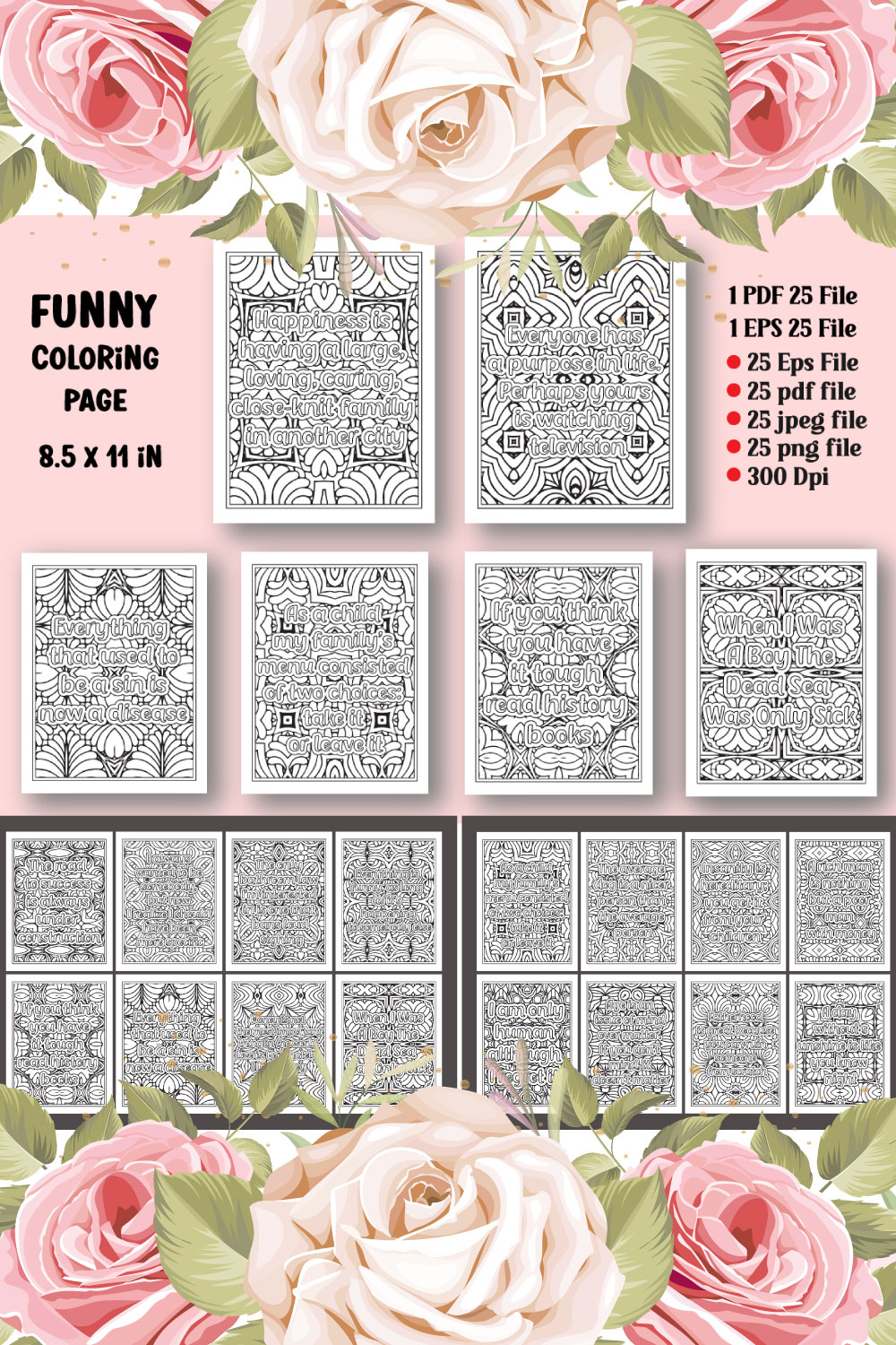 Funny Quotes Coloring Page for Adults KDP pinterest preview image.