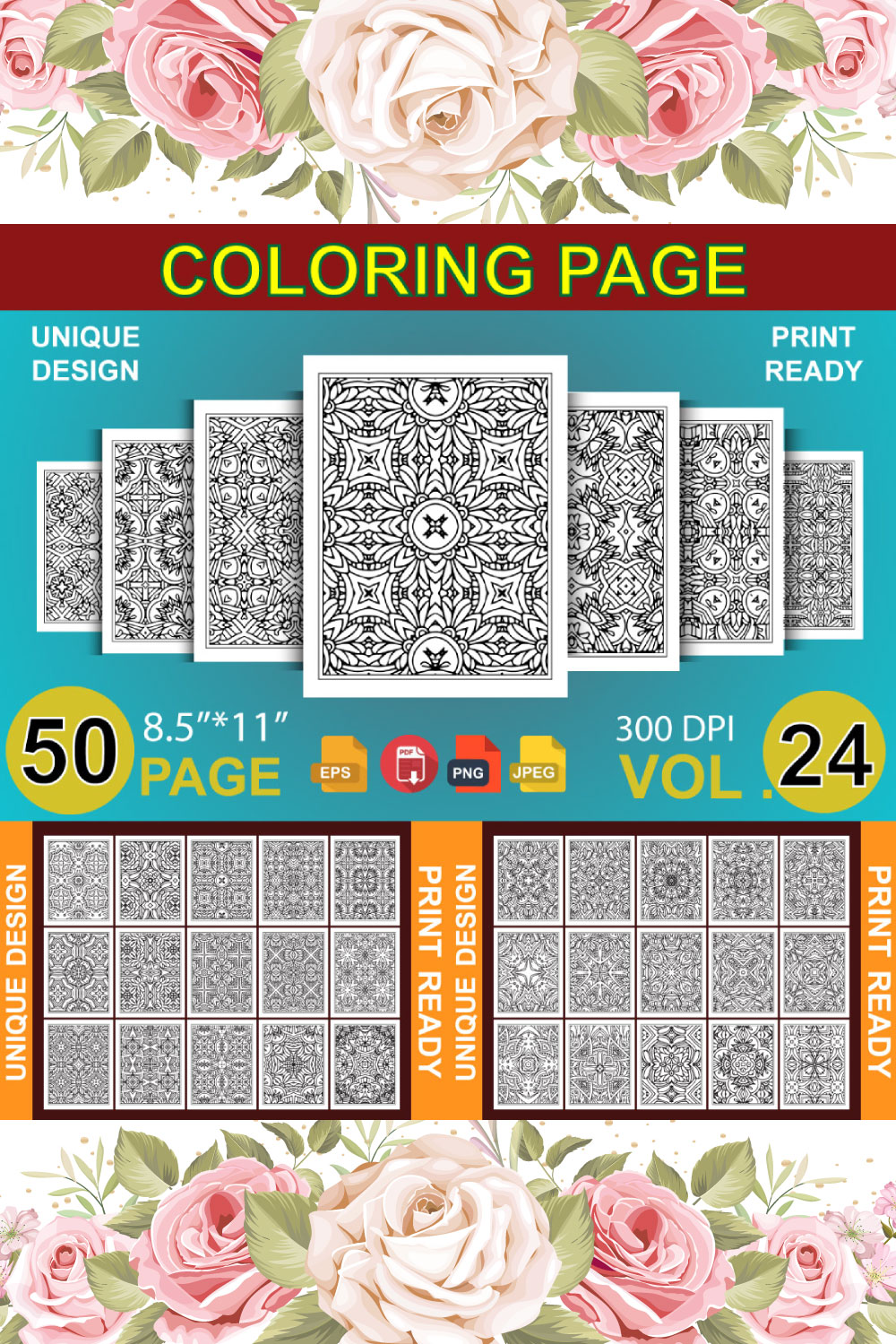 50 Adult Coloring Book Page KDP Design pinterest preview image.