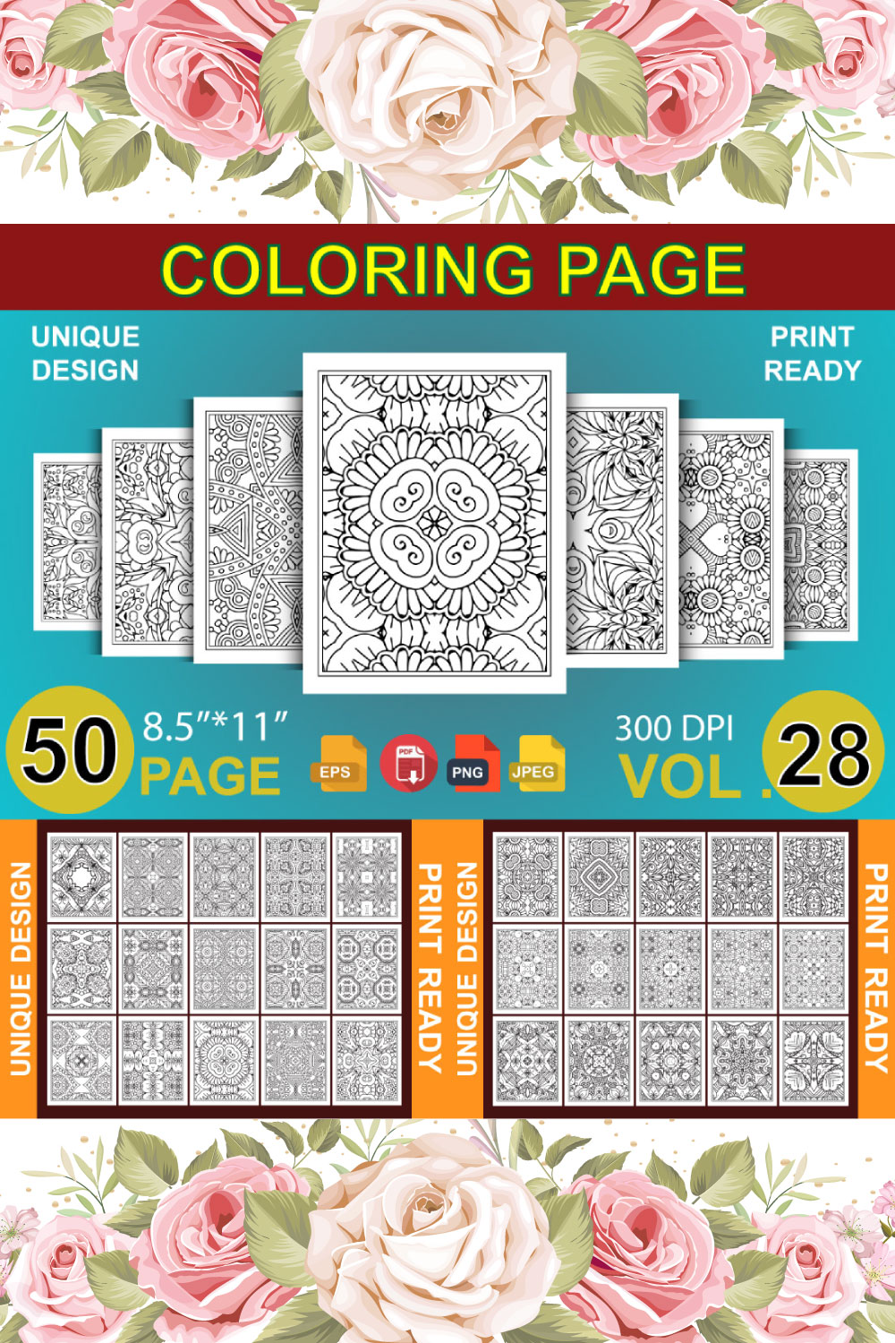 50 Adult Coloring Book Page KDP Design pinterest preview image.