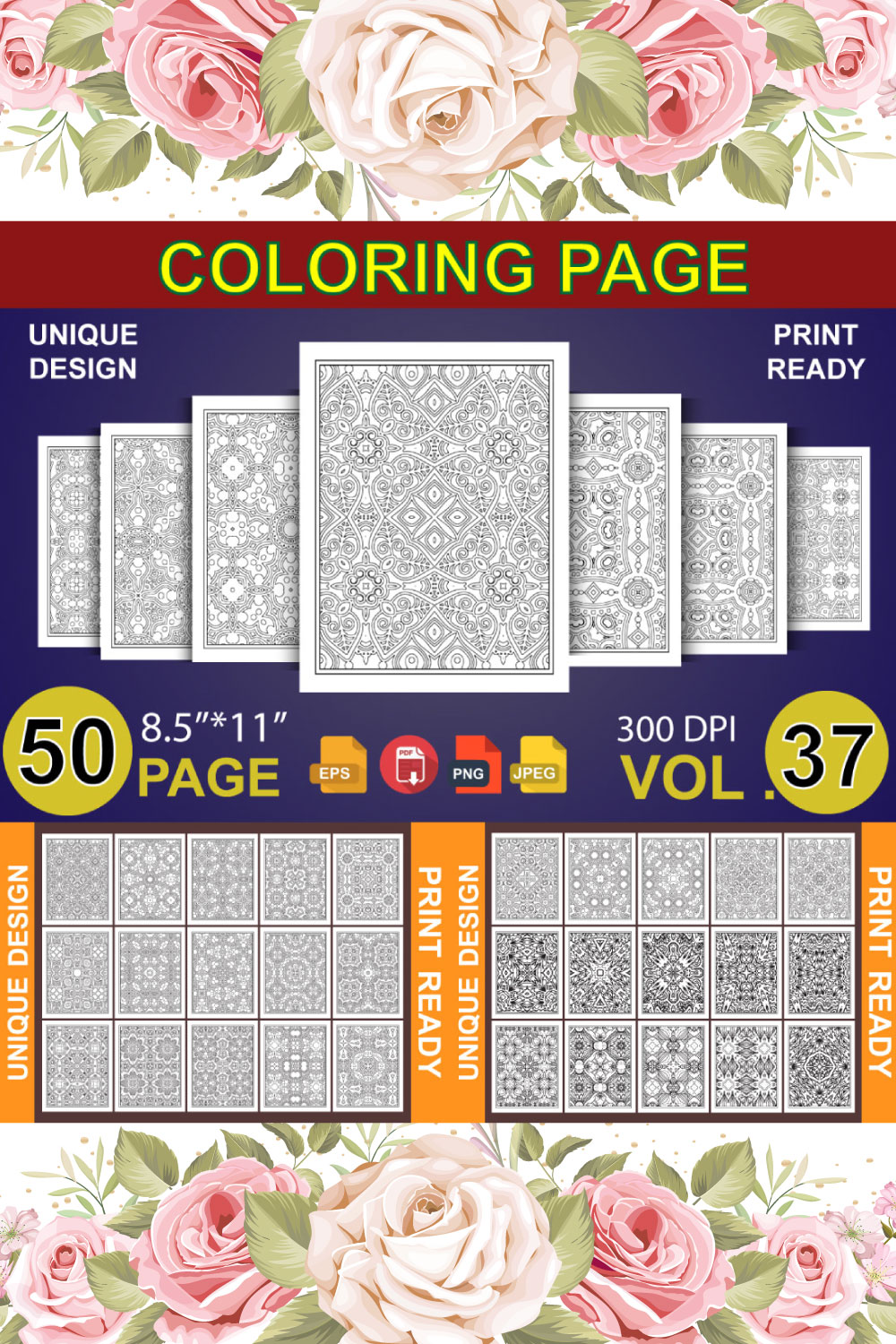 50 Adult Coloring Book Page KDP Design pinterest preview image.