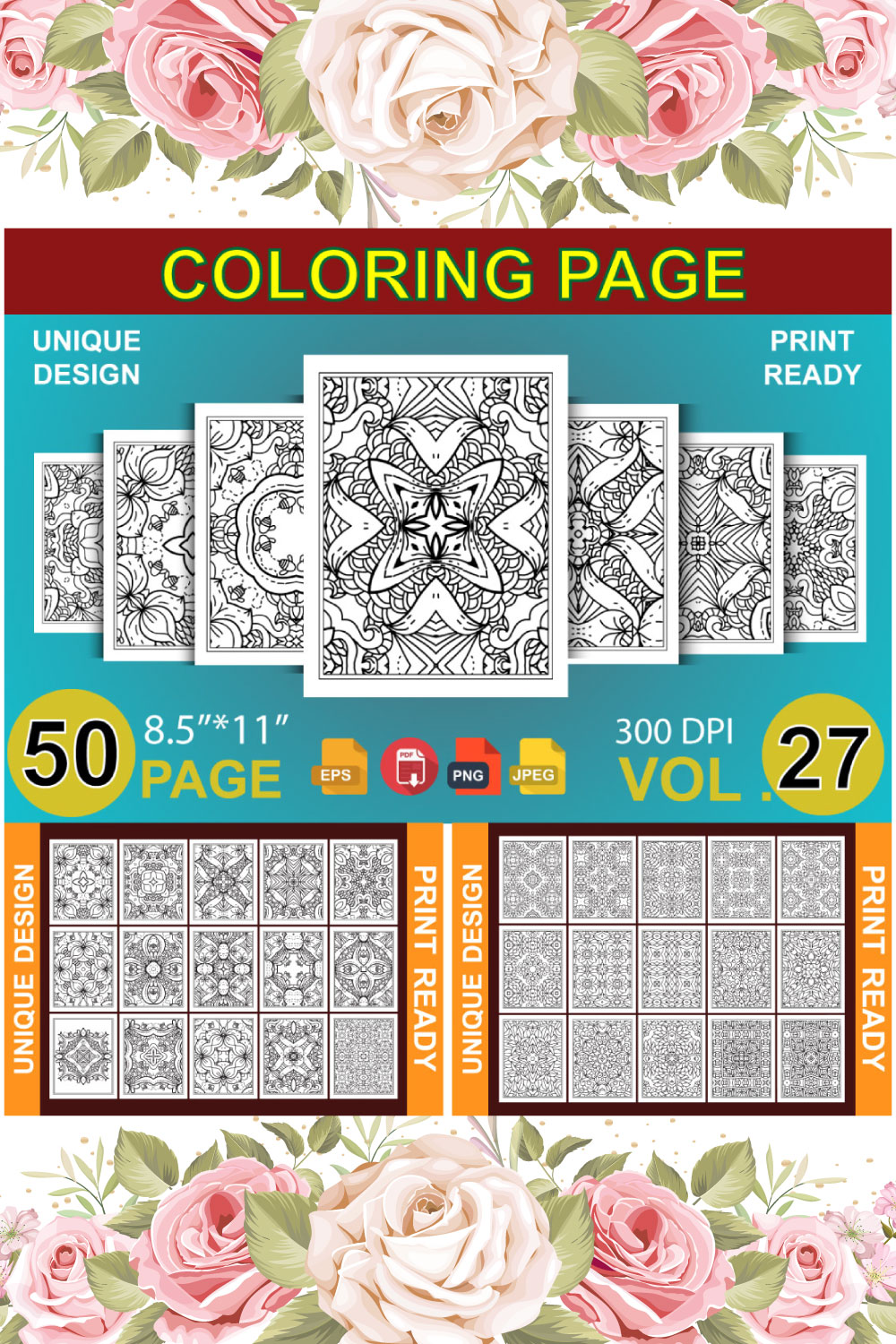 50 Adult Coloring Book Page KDP Design pinterest preview image.