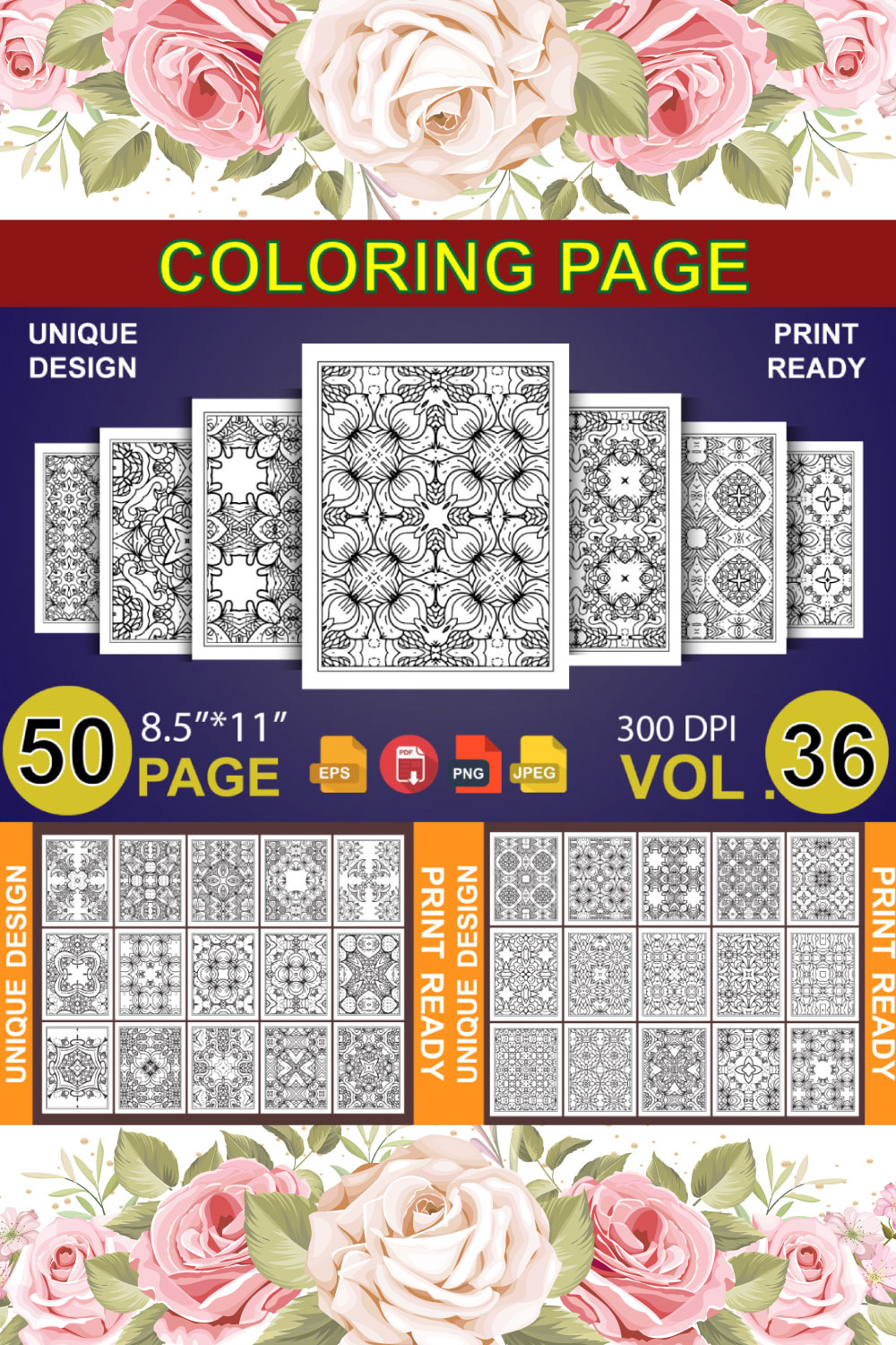 50 Adult Coloring Book Page KDP Design pinterest preview image.