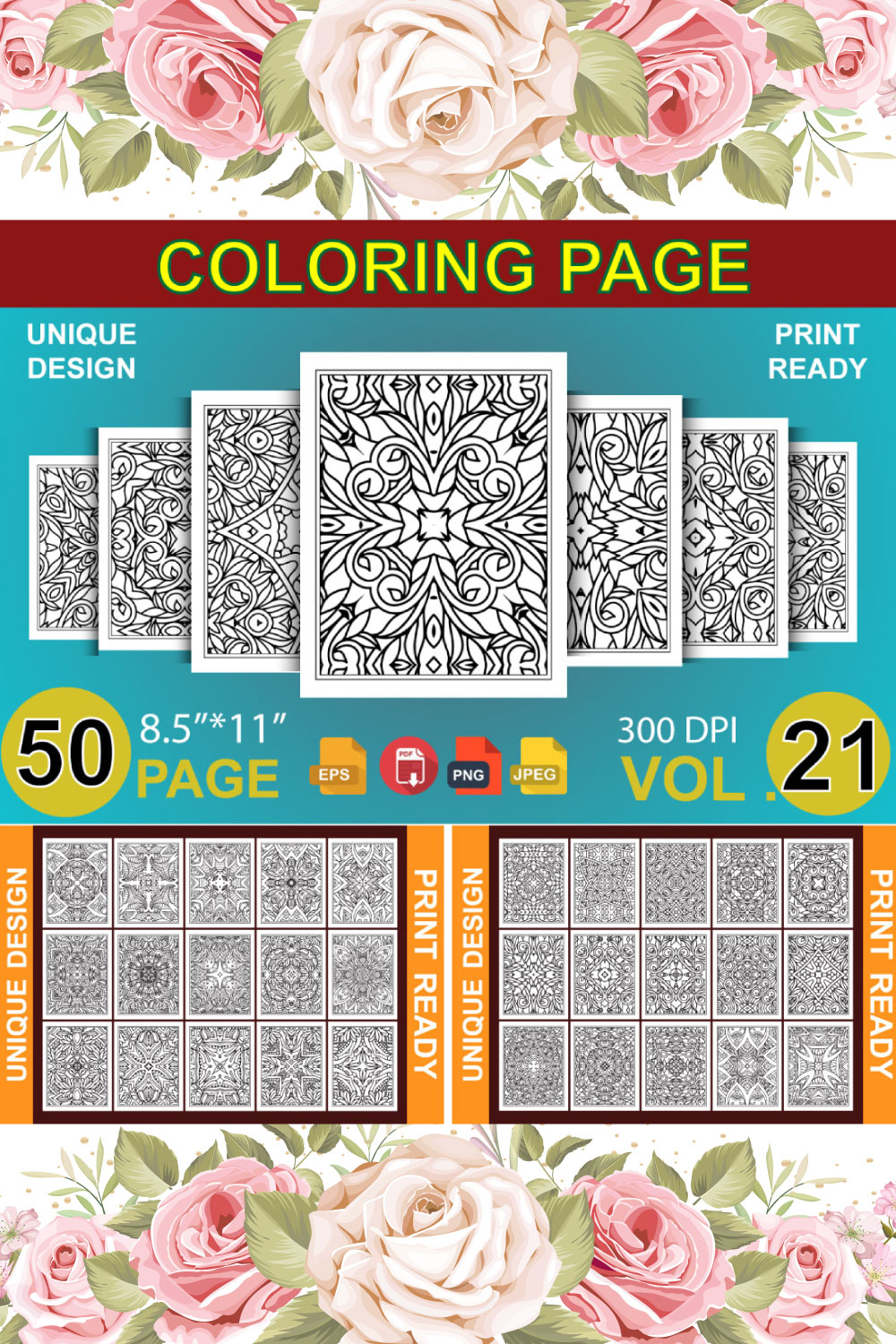 50 Adult Coloring Book Page KDP Design pinterest preview image.