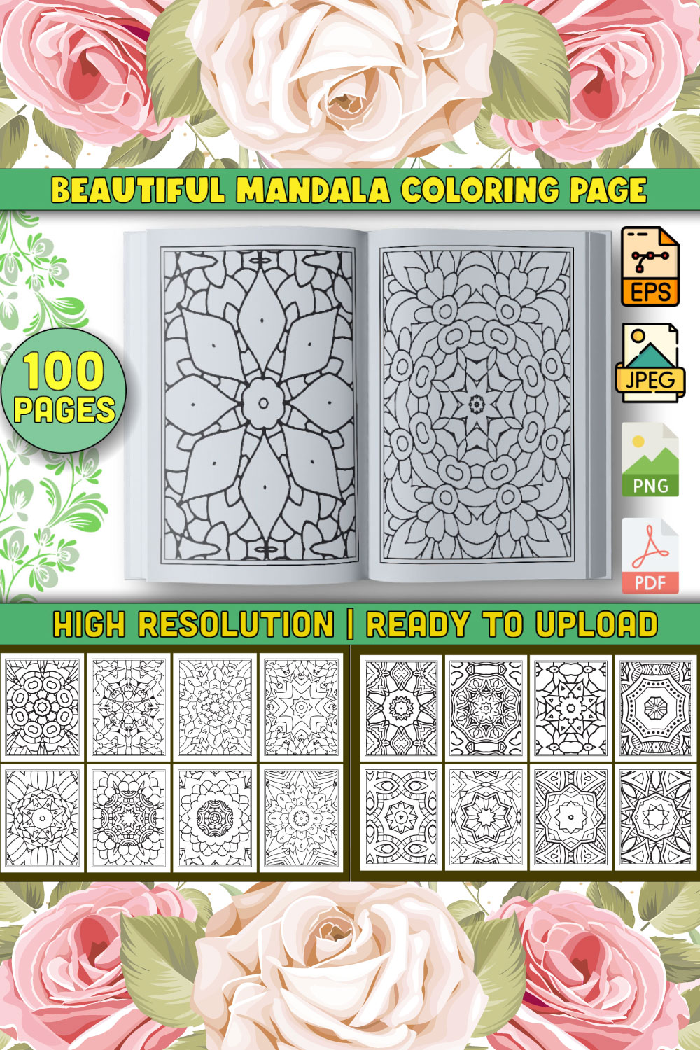 100 Coloring Page Bundle for KDP Interior pinterest preview image.