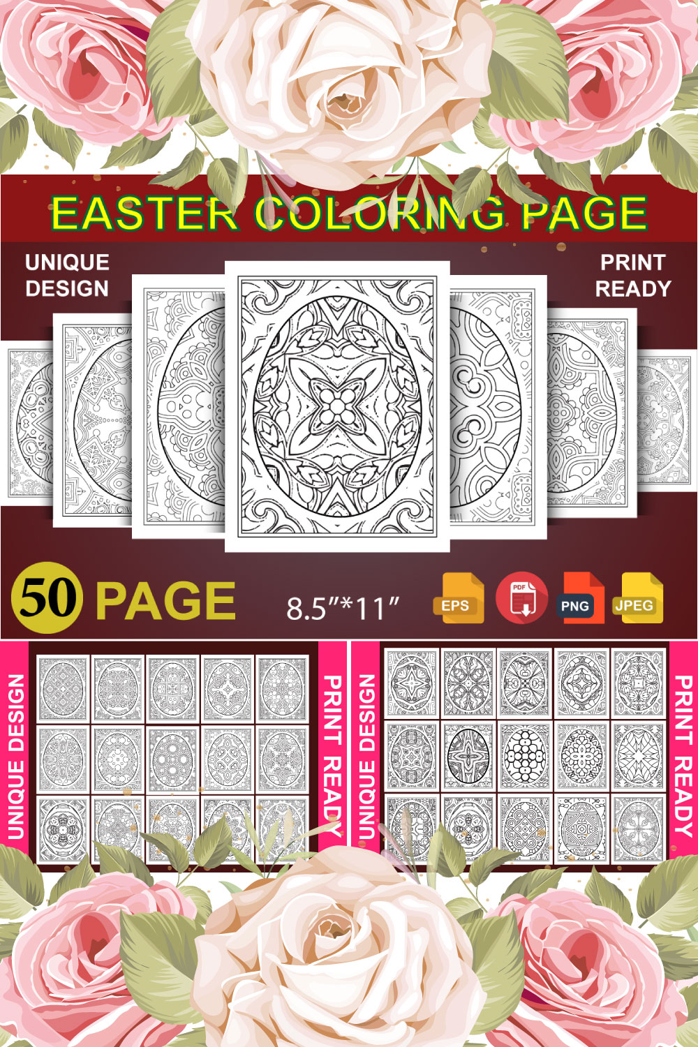 Easter day egg coloring book 50 Page Bundle pinterest preview image.