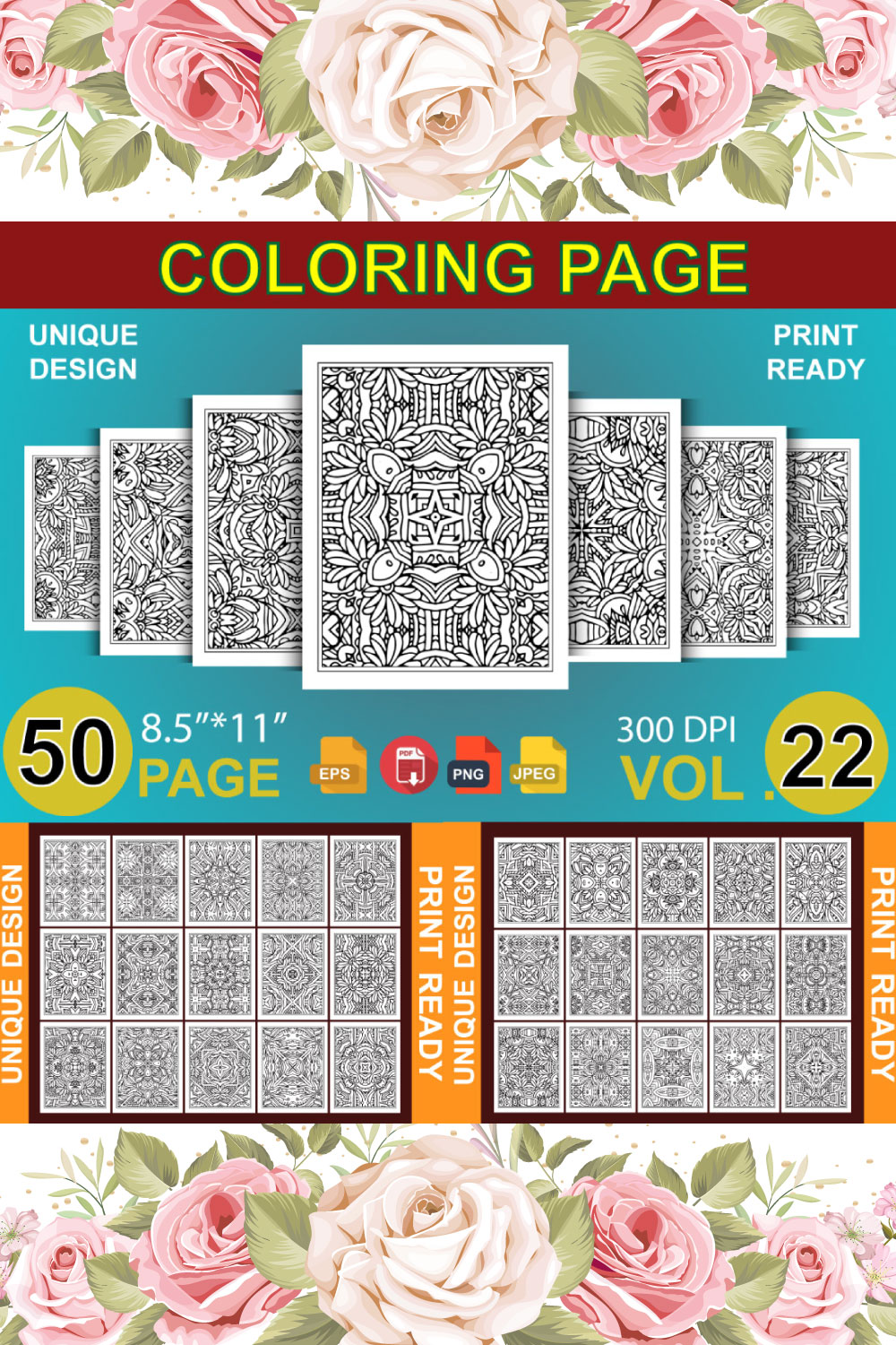 50 Adult Coloring Book Page KDP Design pinterest preview image.