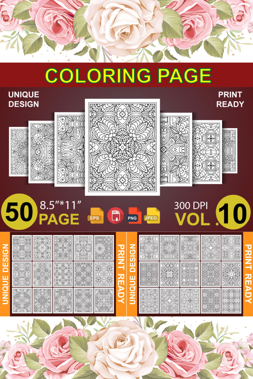 50 Adult Coloring Book Page KDP Design pinterest preview image.