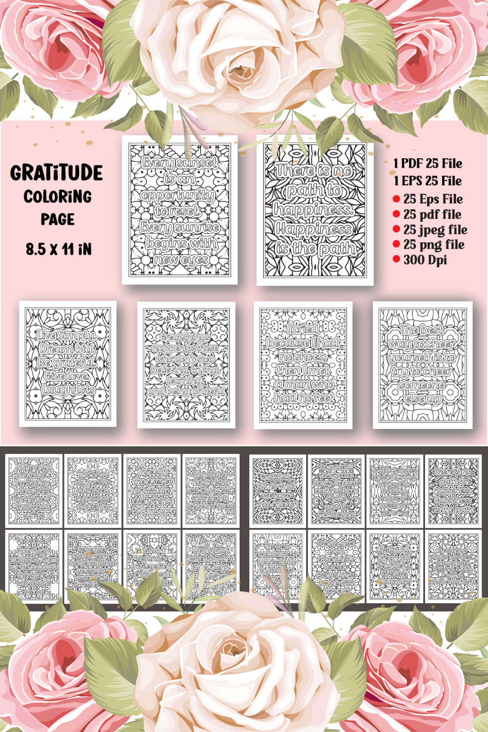 Gratitude Quotes Coloring page pinterest preview image.