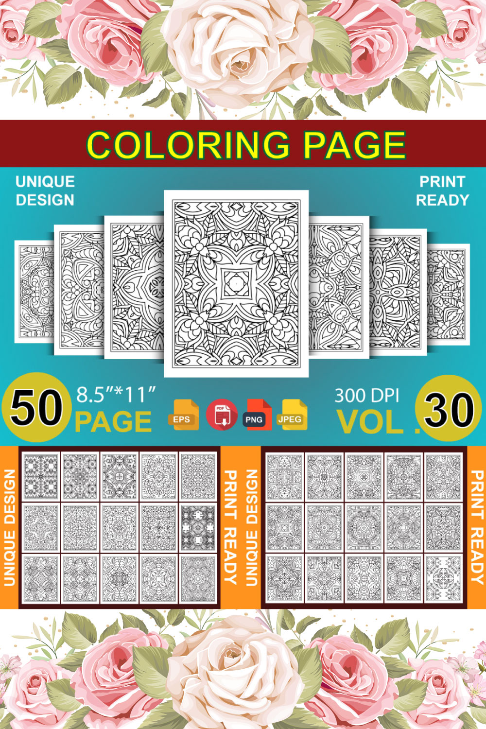 50 Adult Coloring Book Page KDP Design pinterest preview image.