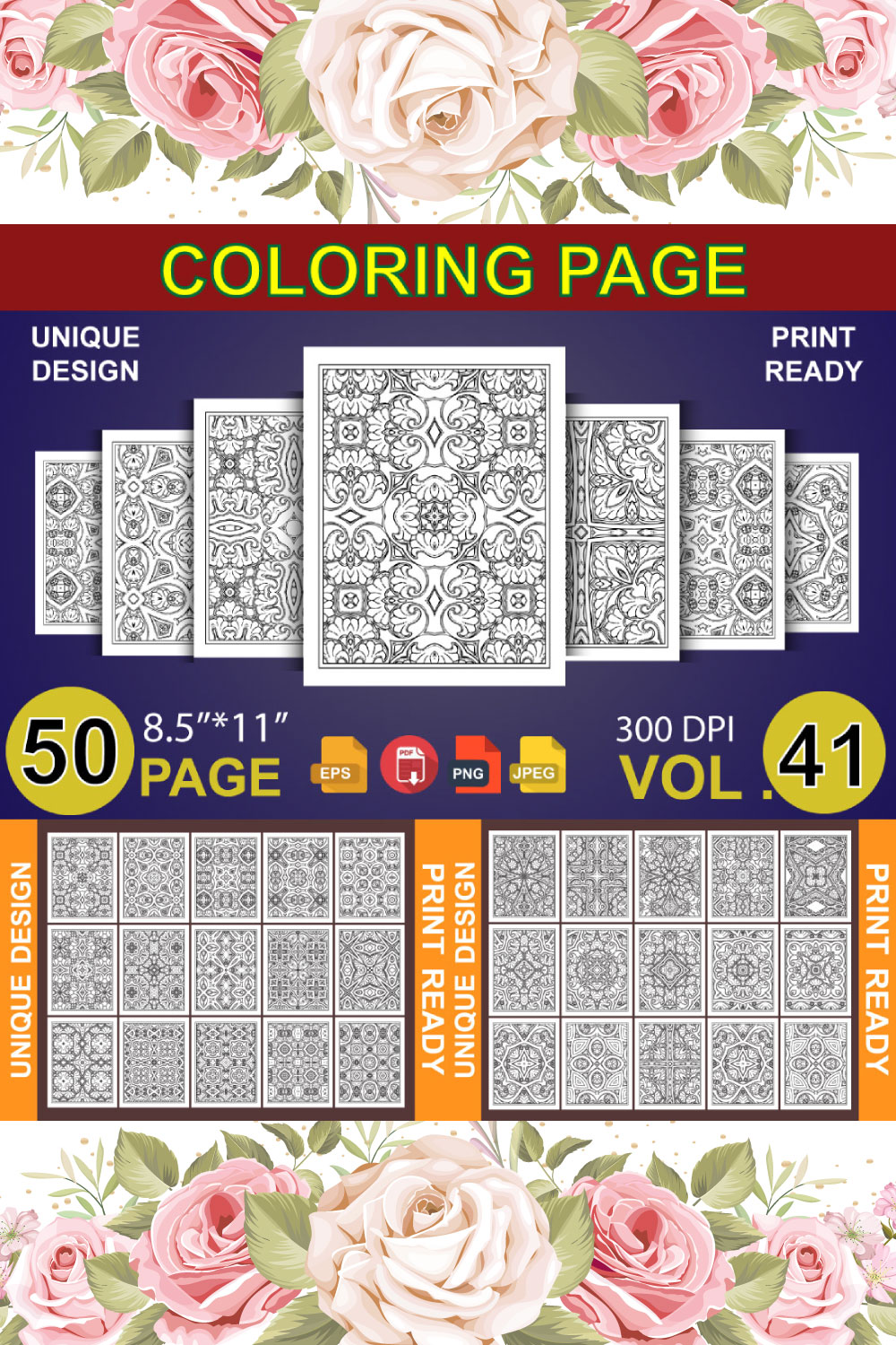 50 Adult Coloring Book Page KDP Design pinterest preview image.