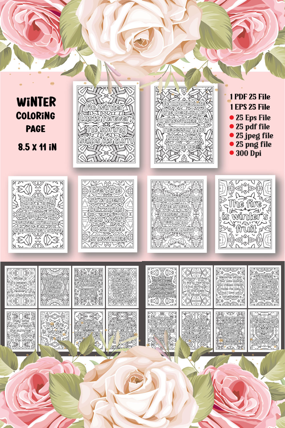 Winter Quotes Coloring Page for Adults KDP pinterest preview image.