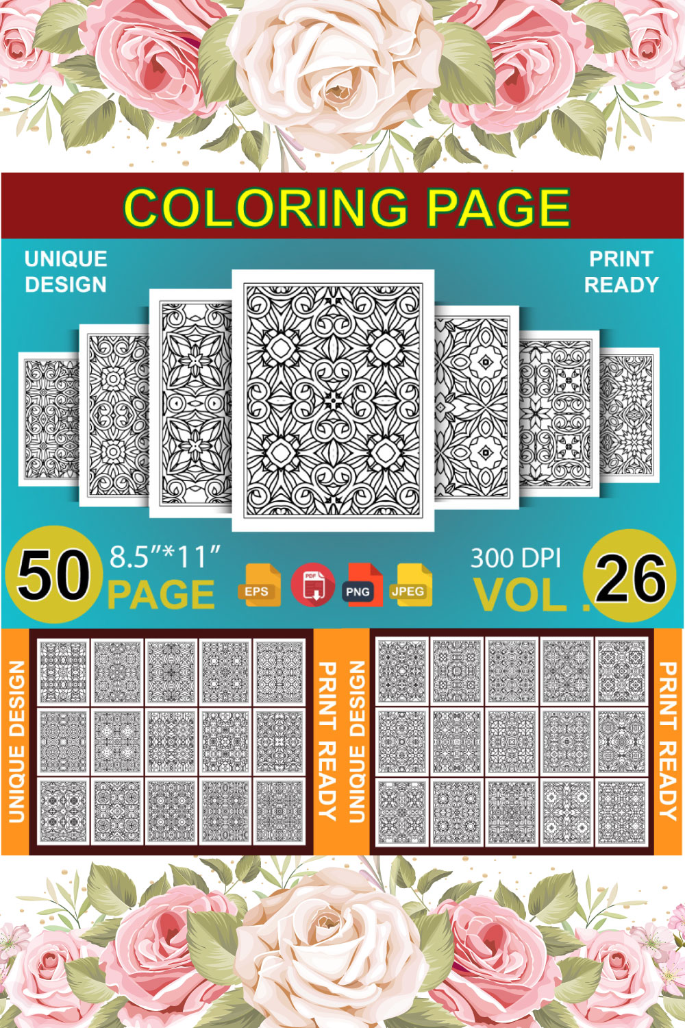 50 Adult Coloring Book Page KDP Design pinterest preview image.