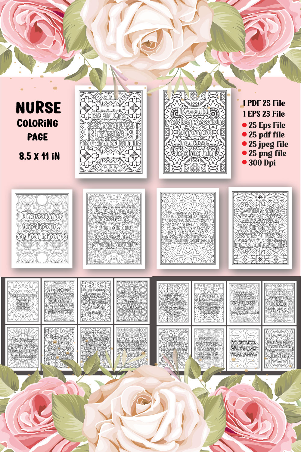 Nurse Quotes Coloring Page for Adults KDP pinterest preview image.