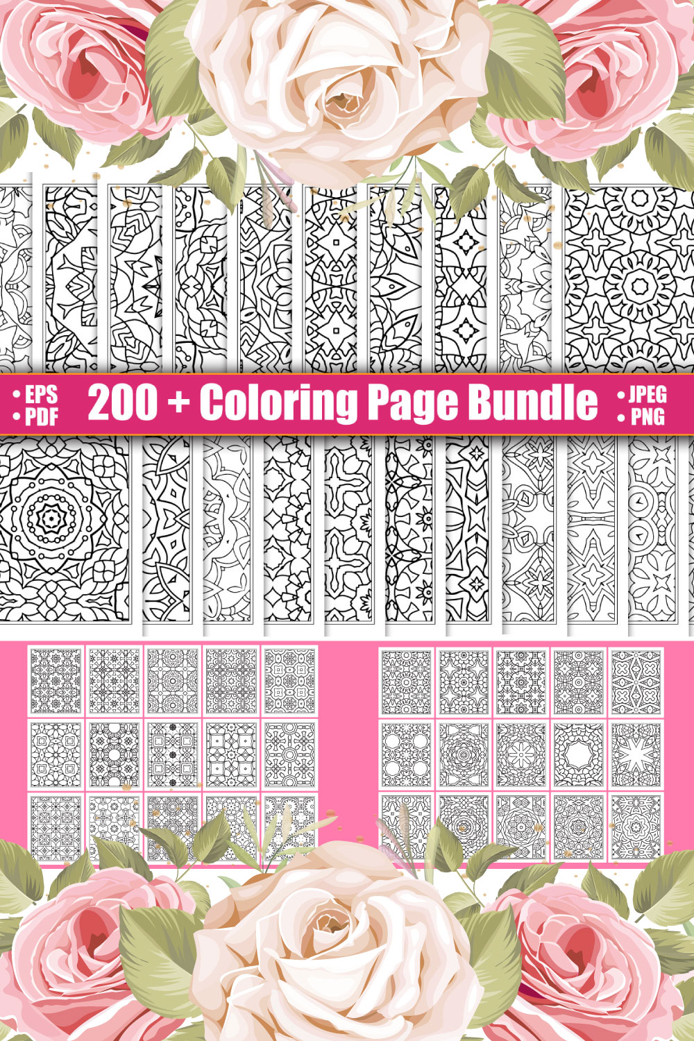 200+ Coloring Page Bundle for KDP Interior pinterest preview image.