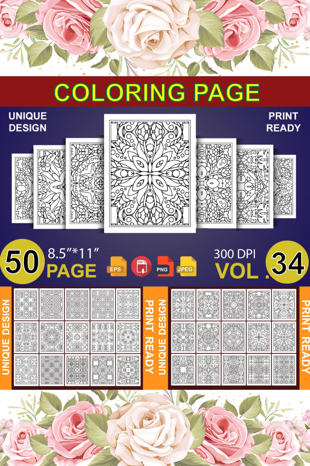 50 Adult Coloring Book Page KDP Design pinterest preview image.